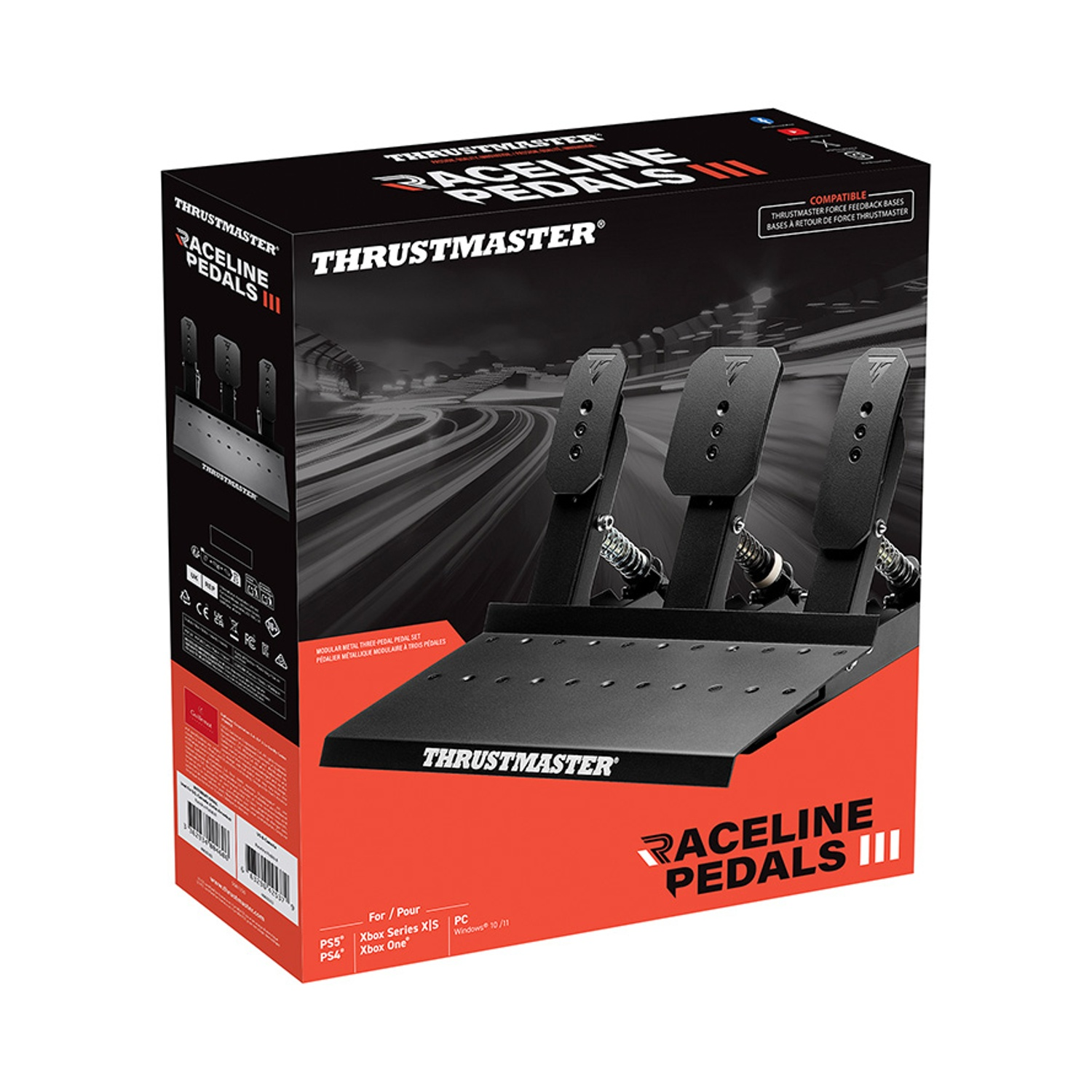 Scatola per Thrustmaster Raceline Pedals III con tre pedali e grafica di pista.