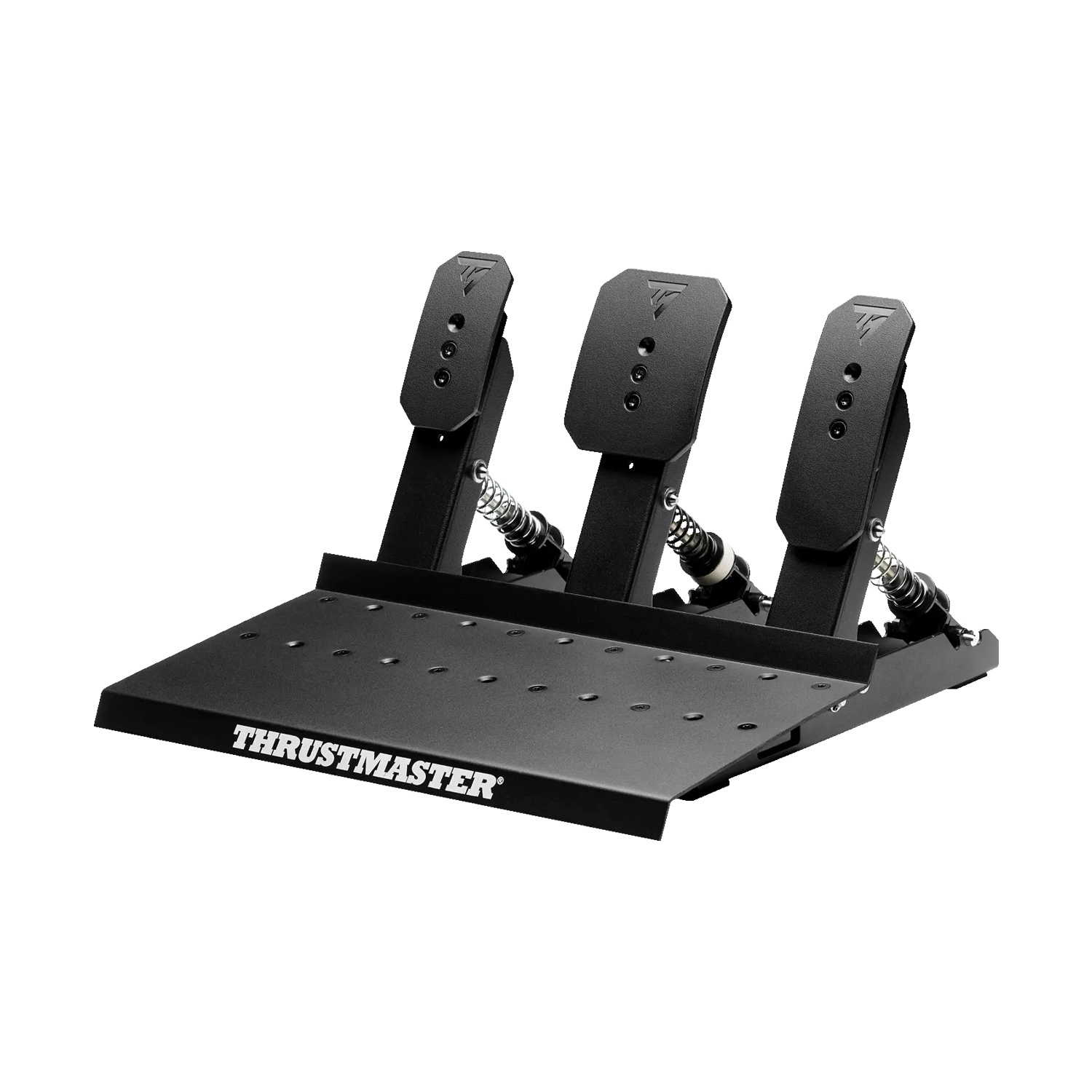 Set di pedali acceleratore, freno e frizione neri con molle su base con logo Thrustmaster.