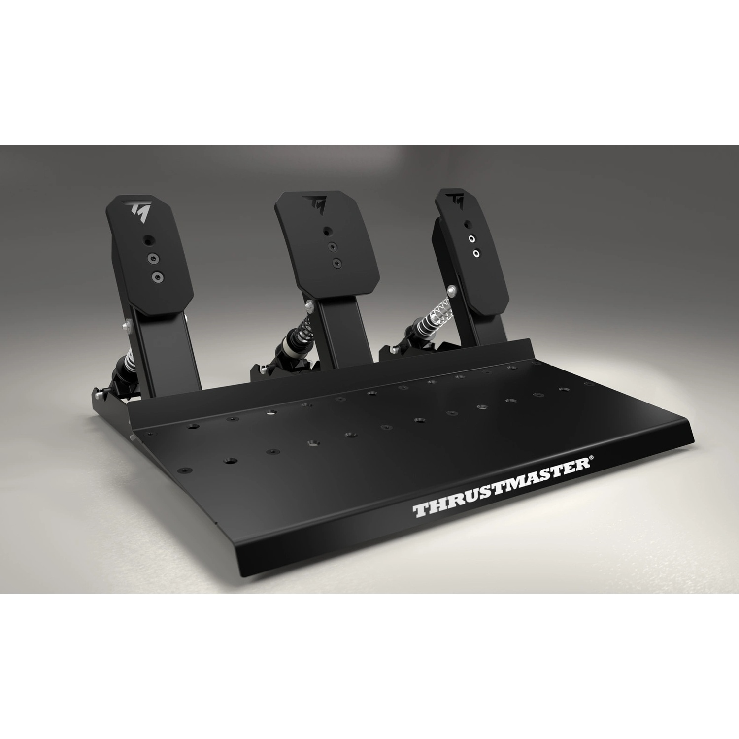 Pedali da gaming neri a tre pedali su base in metallo nero con logo Thrustmaster.