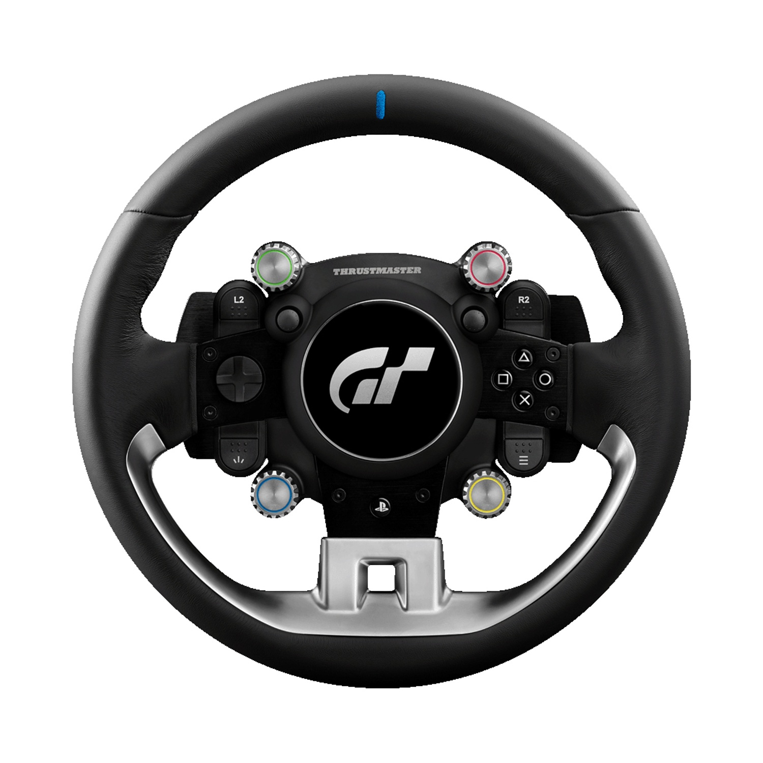 Un volante da corsa nero con accenti e pulsanti argentati.