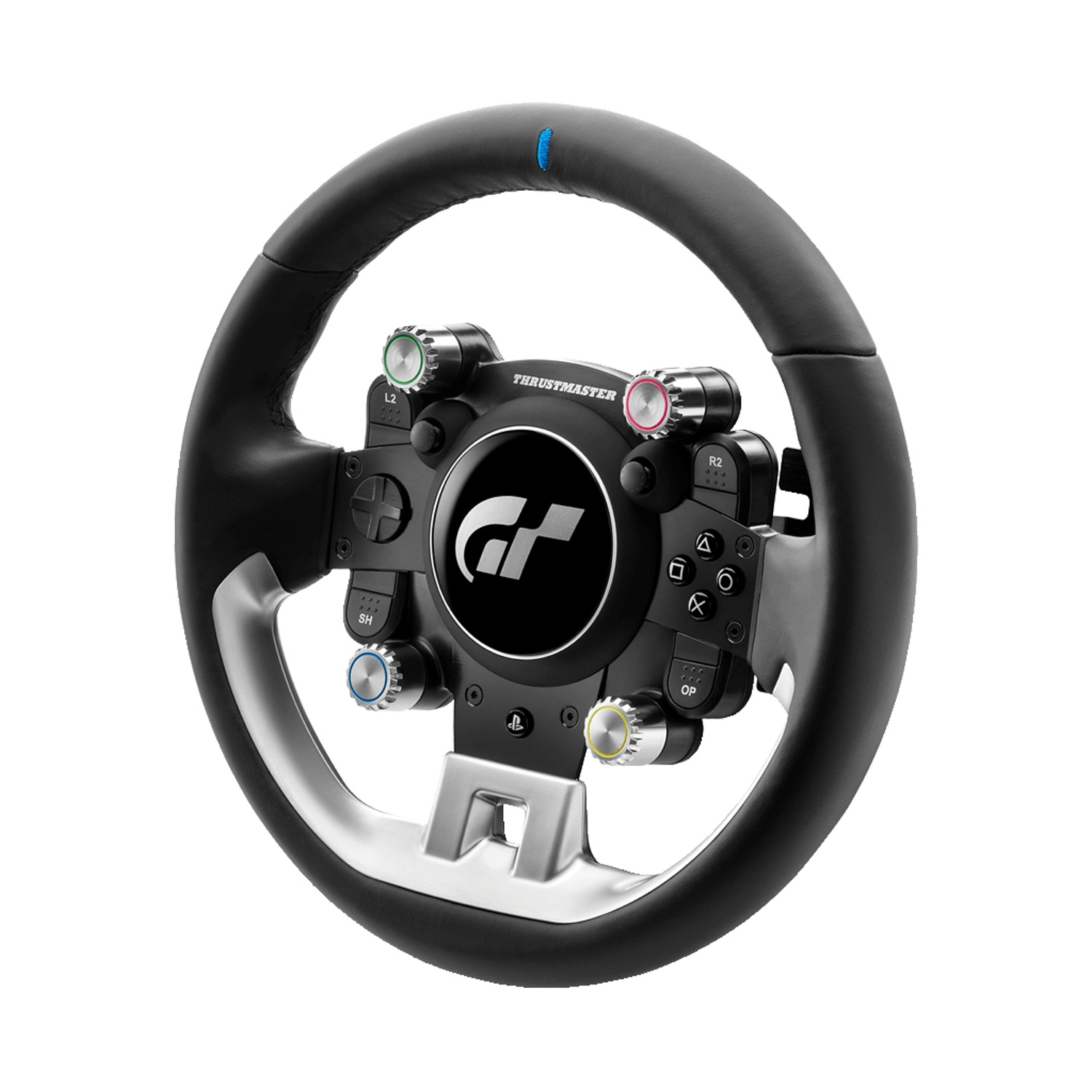 Volante da corsa nero con razze argentate e molti pulsanti.