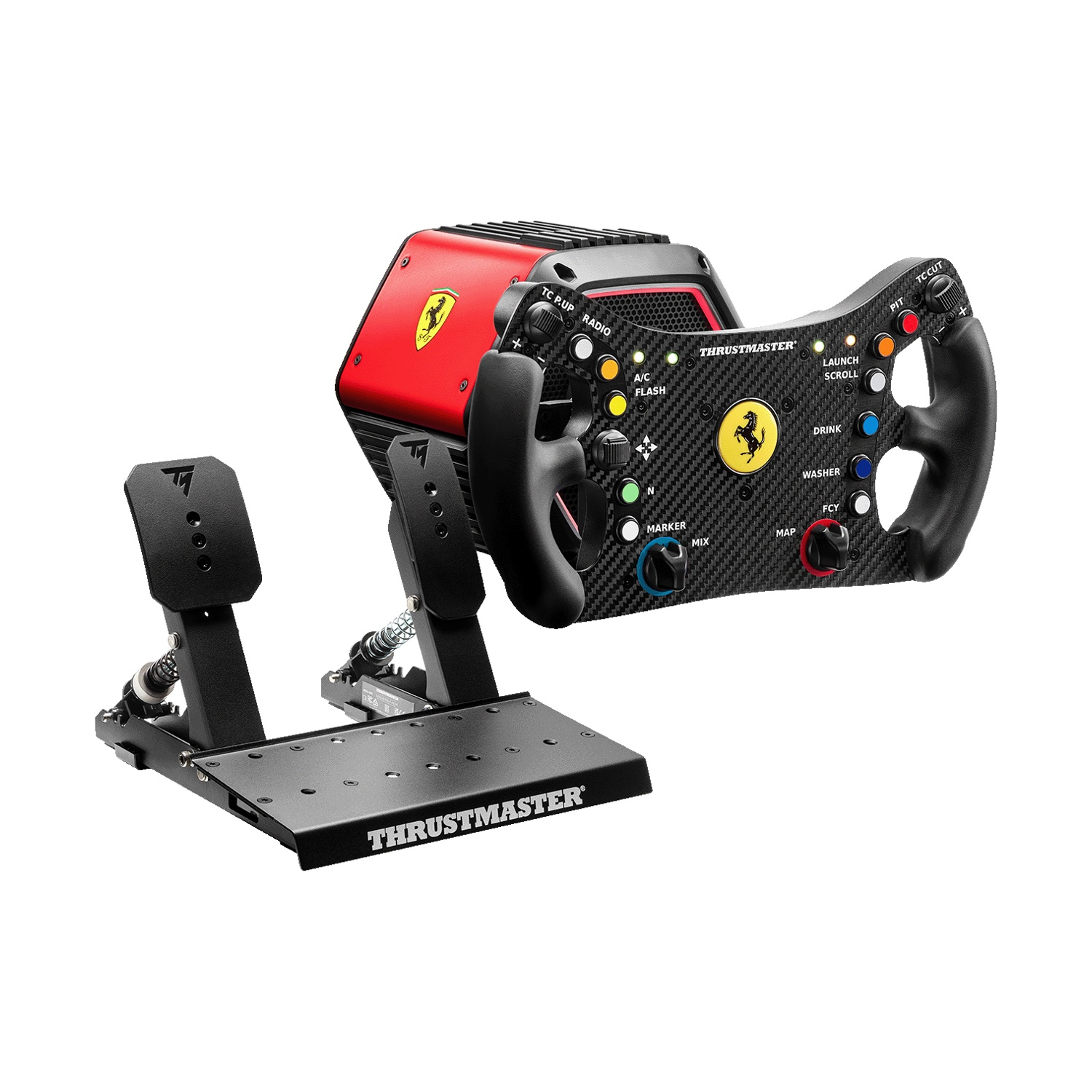 Un controller con volante da corsa Ferrari rosso con pedali e pulsanti.