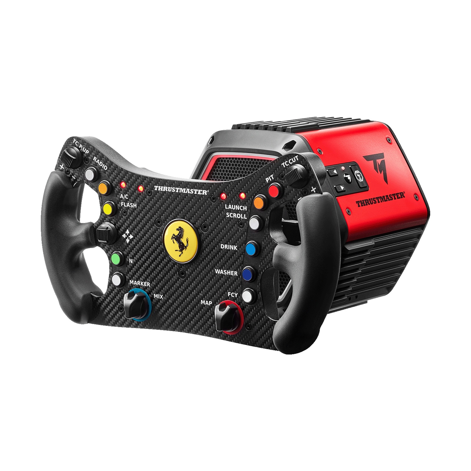 Un volante da corsa nero con logo Ferrari e modulo base rosso.