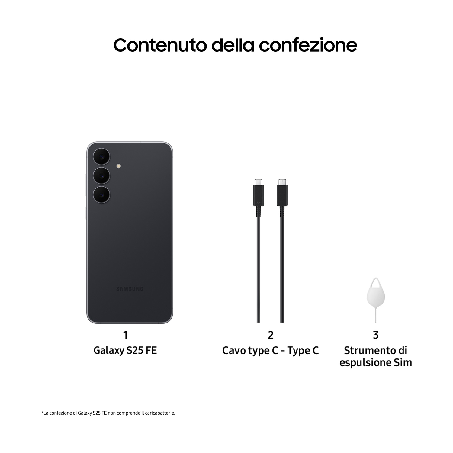 Contenuto della confezione: Galaxy S25 FE, cavo USB-C, strumento espulsione SIM.