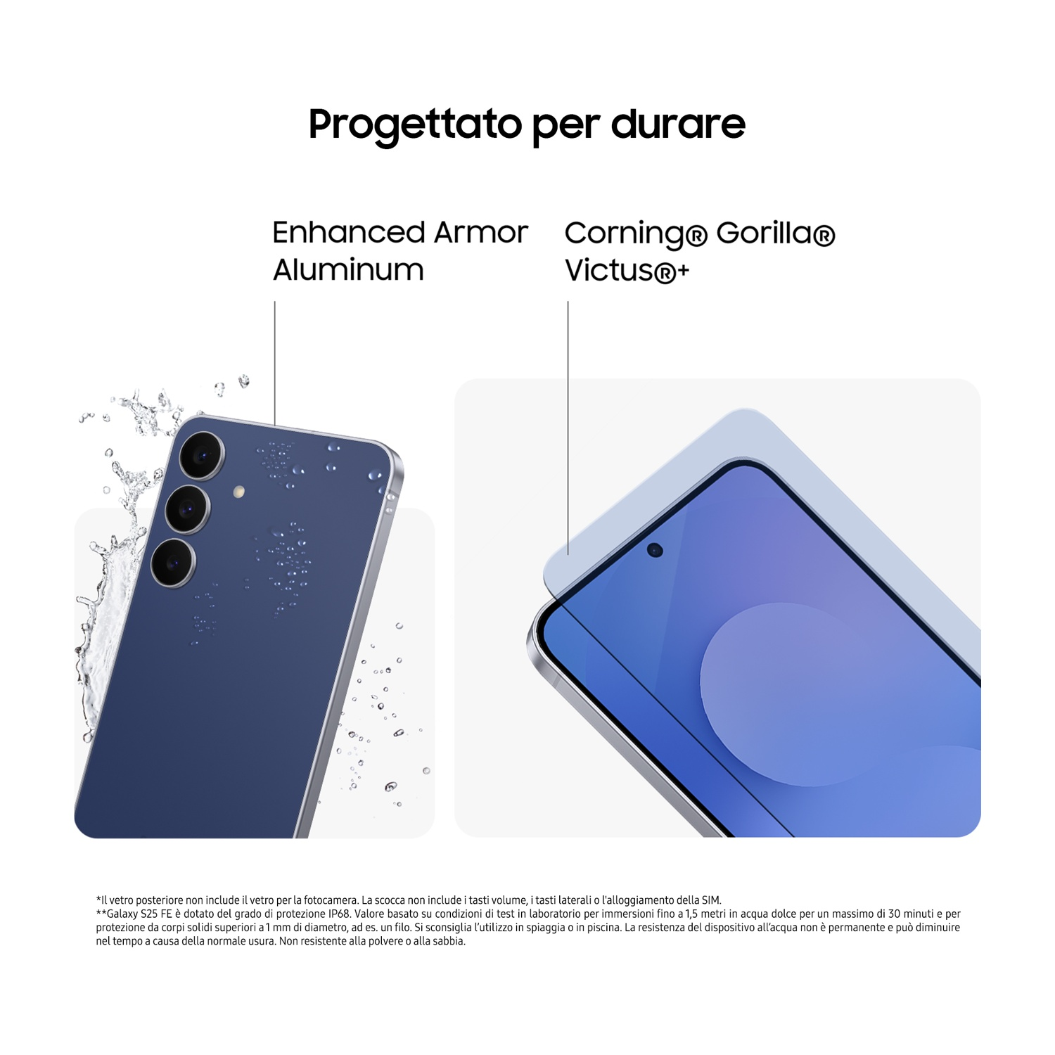 Uno smartphone blu con Enhanced Armor Aluminum e Corning Gorilla Glass Victus+.