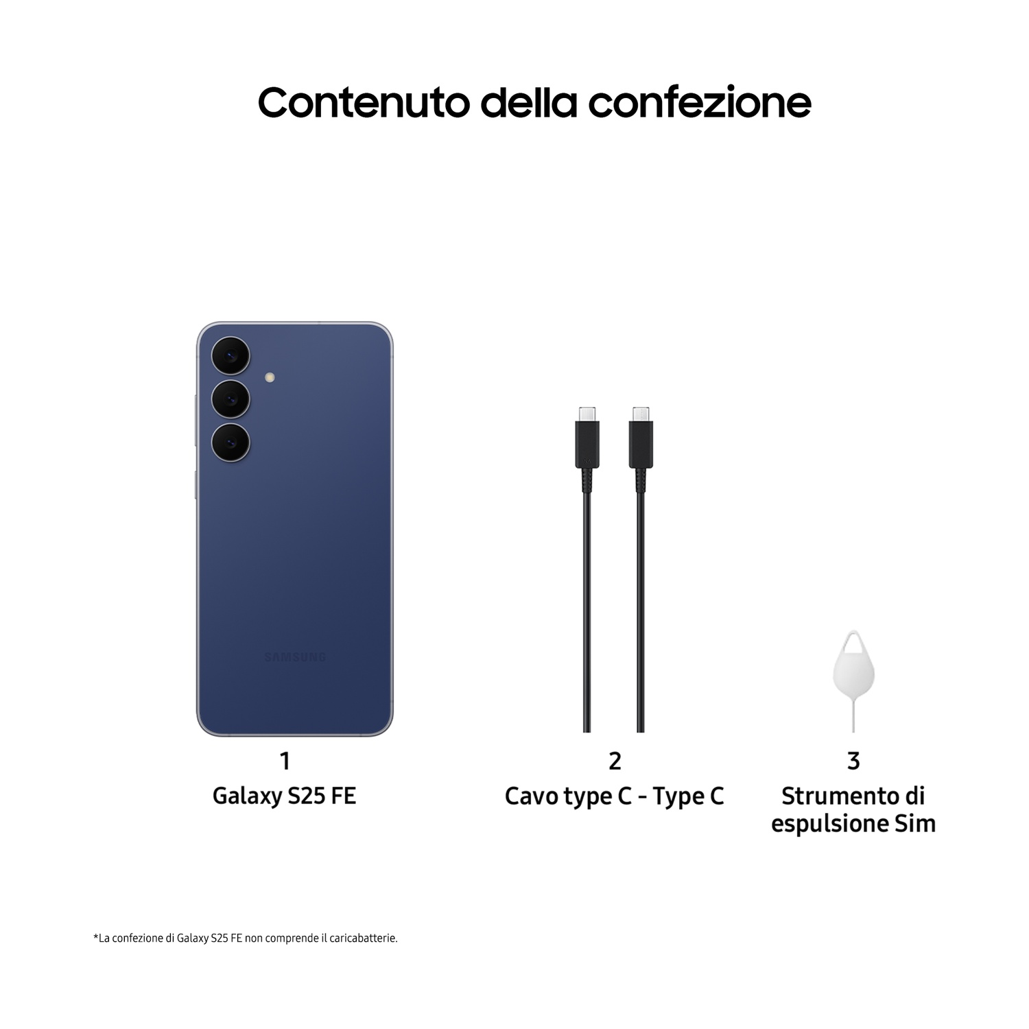Samsung Galaxy S25 FE, cavo USB-C e strumento espulsione SIM.