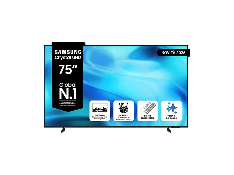 SAMSUNG Crystal AI TV 75" UE75U8000HUXZT 4K, Processore 4K, 4K Upscaling, Motion Xcelerator, HDR, Contrast Enhancer, OTS Lite, Metal Stream Design, Vision Smart TV, 2026