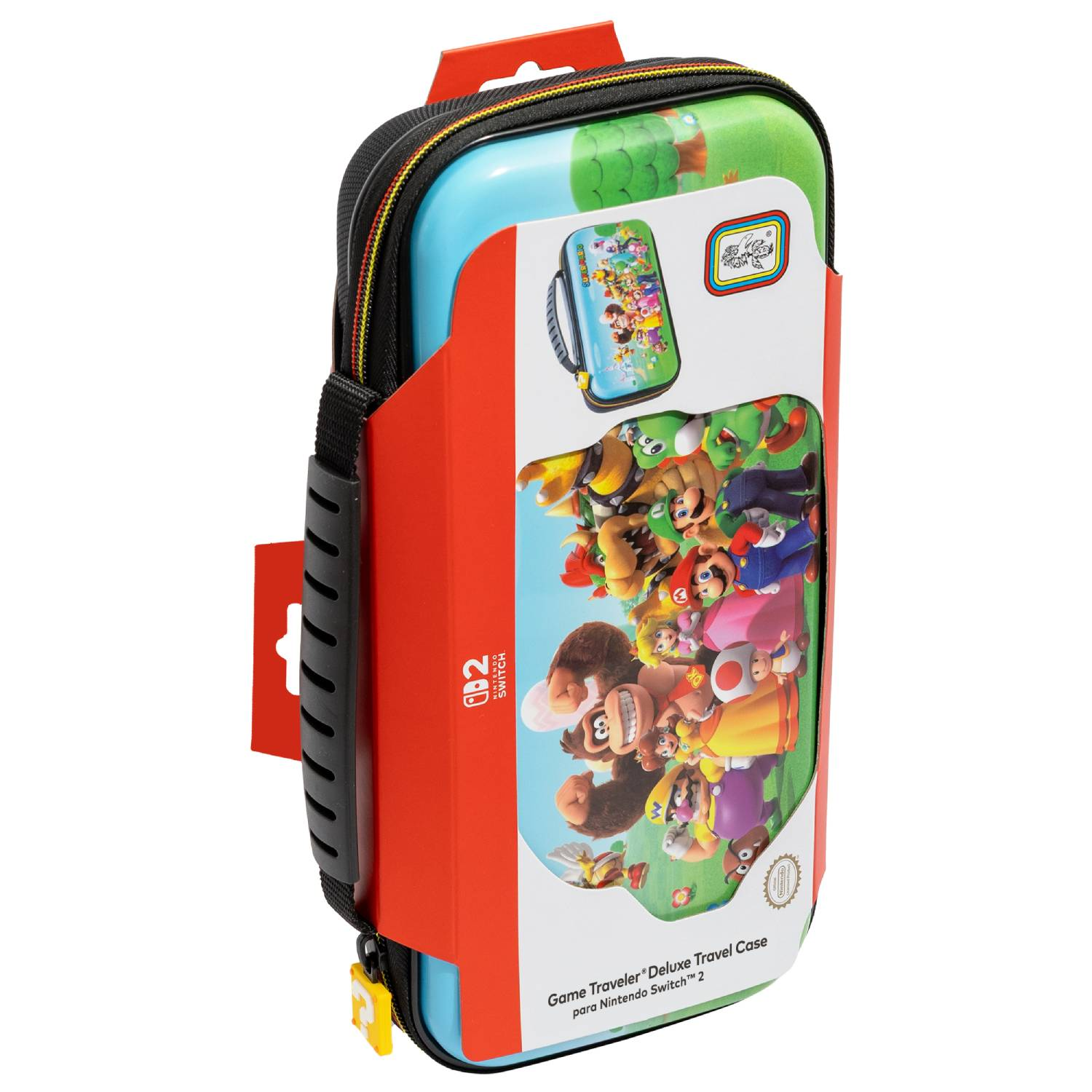 Funda de viaje Nintendo Switch con personajes de Super Mario y asa.