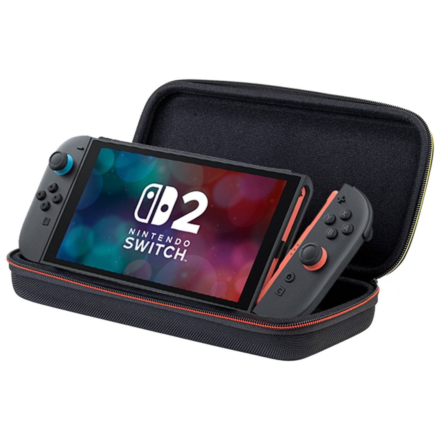Nintendo Switch en funda negra con cremallera naranja y un Joy-Con.