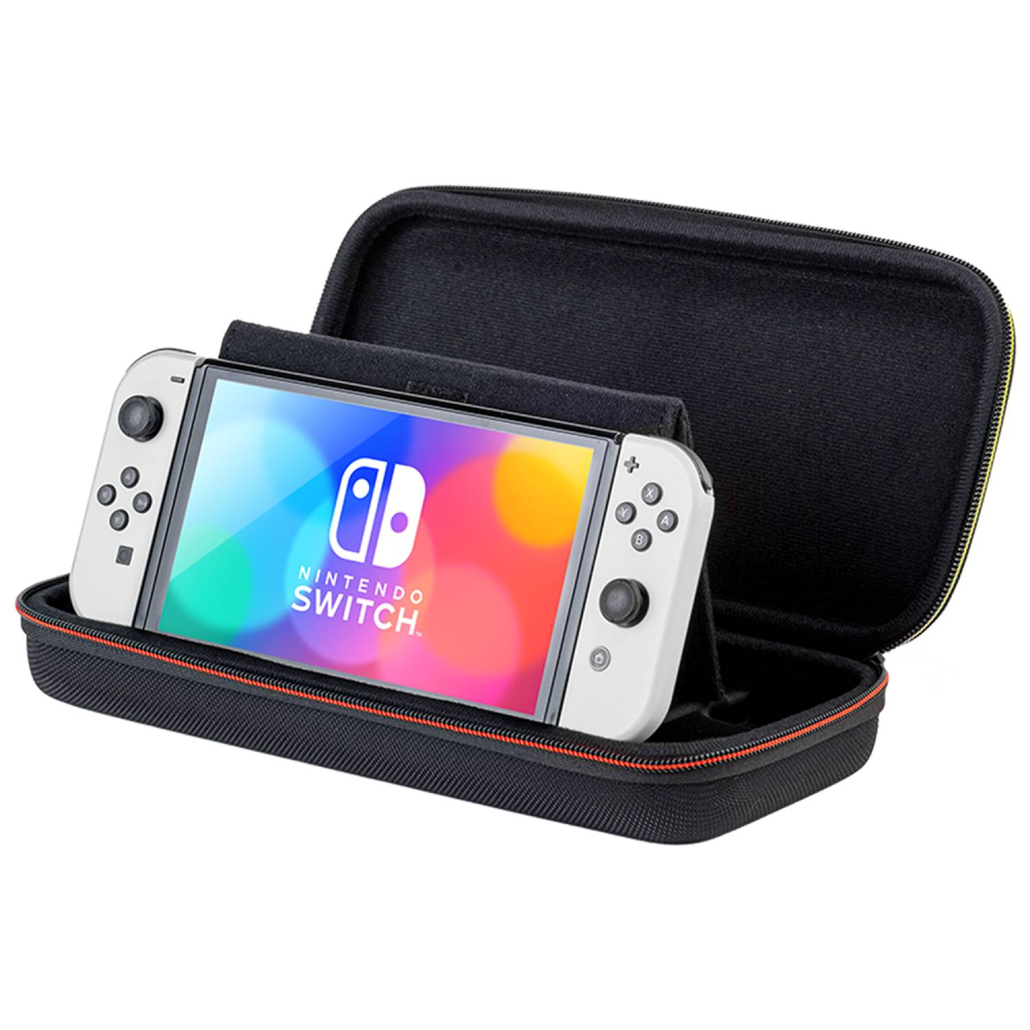 Una consola Nintendo Switch blanca dentro de un estuche protector negro abierto.
