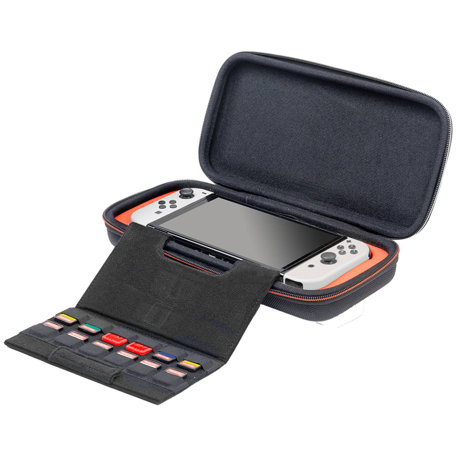 Un estuche gris de Nintendo Switch está abierto, mostrando la consola y una solapa con cartuchos de juegos.
