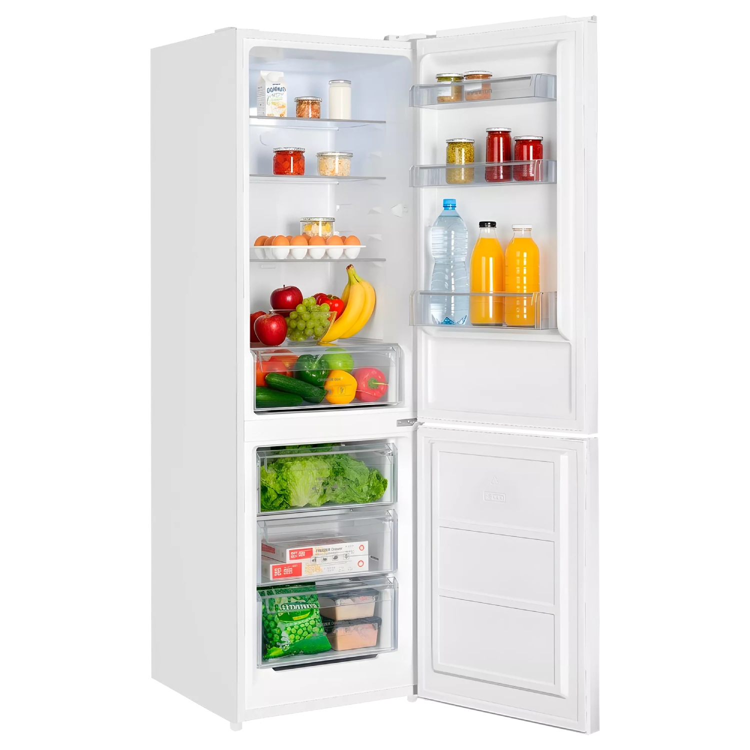 Un refrigerador blanco abierto lleno de alimentos como frutas, verduras, huevos y bebidas.