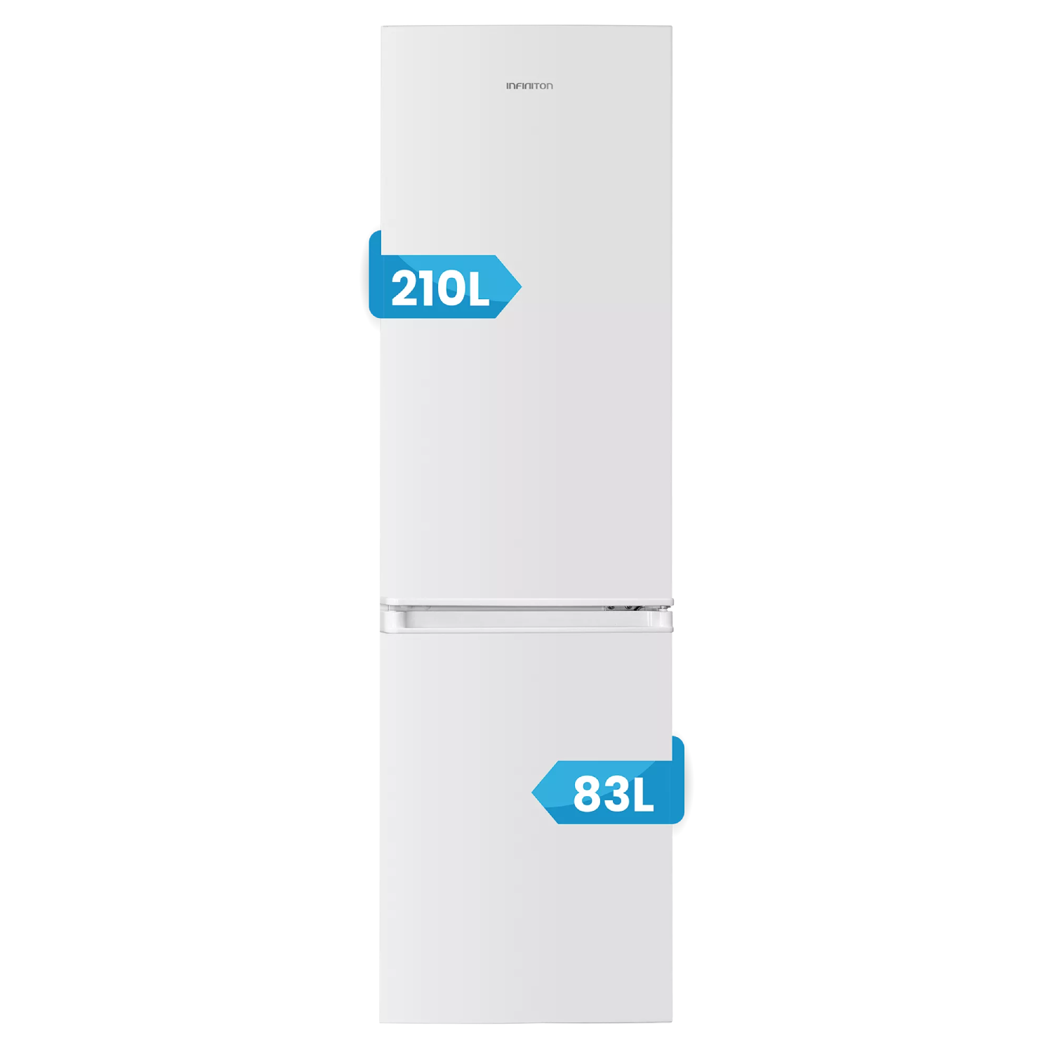 Un refrigerador blanco con 210L de congelador y 83L de refrigerador.