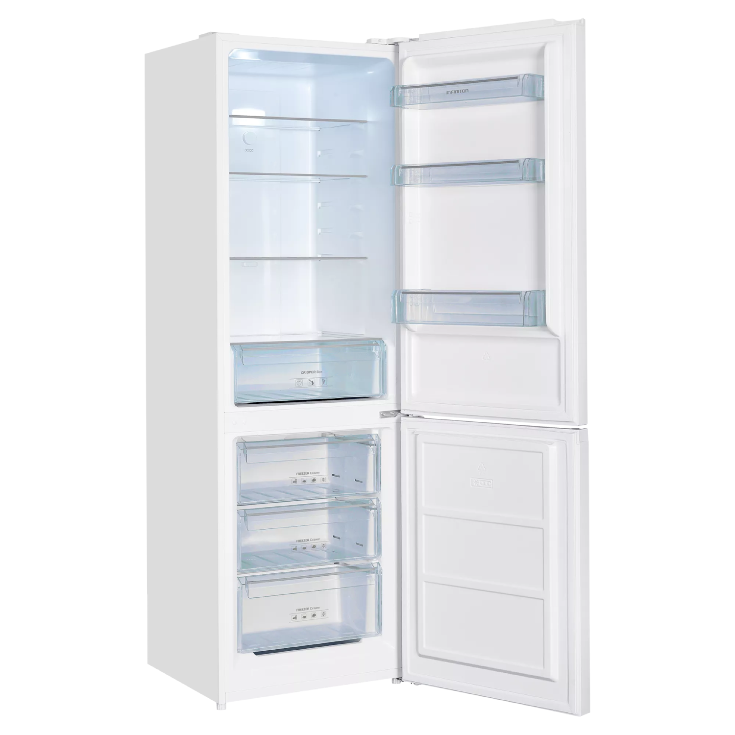 Un refrigerador blanco con la puerta abierta, mostrando estantes interiores y cajones.