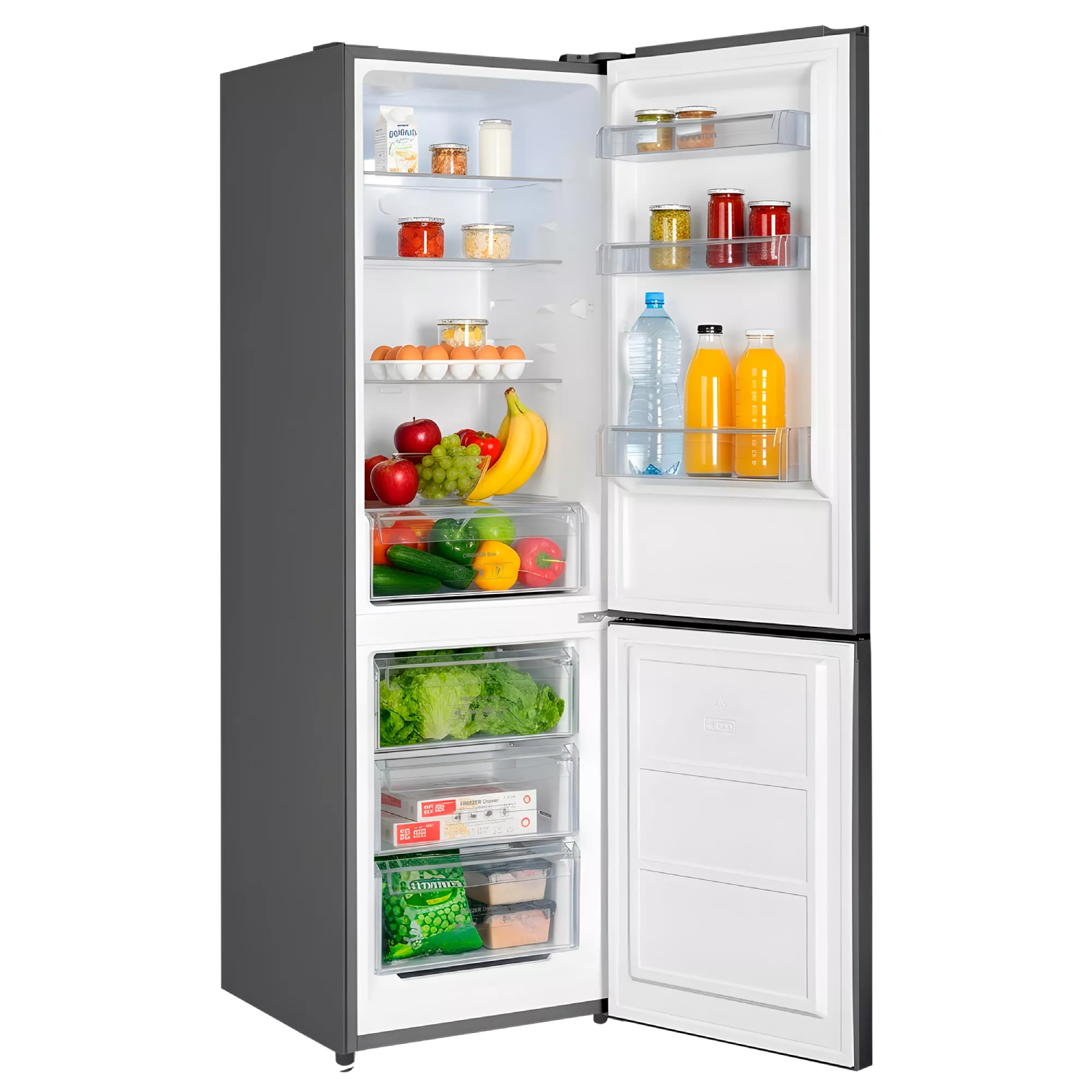 Un refrigerador abierto lleno de alimentos como frutas, verduras, huevos y bebidas.