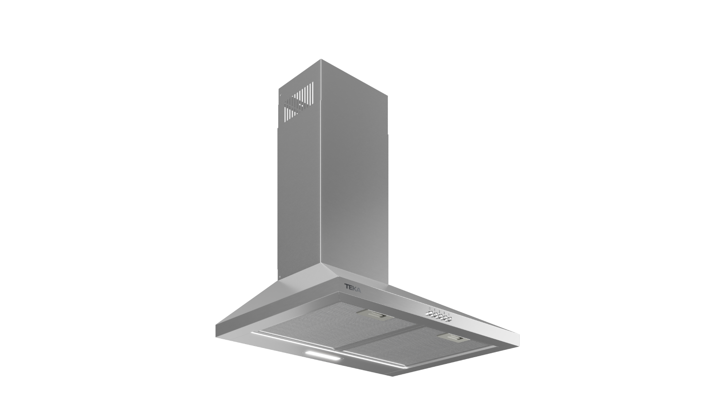 Una campana extractora plateada con chimenea rectangular y panel de control.