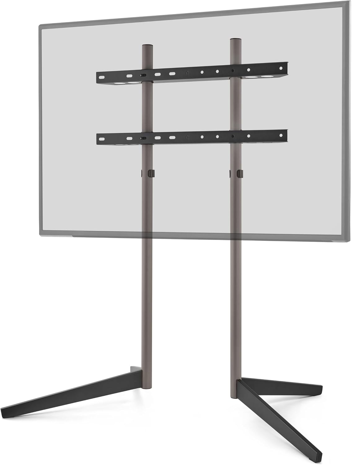 Soporte de TV con dos postes verticales, soportes de montaje horizontales y patas anguladas.
