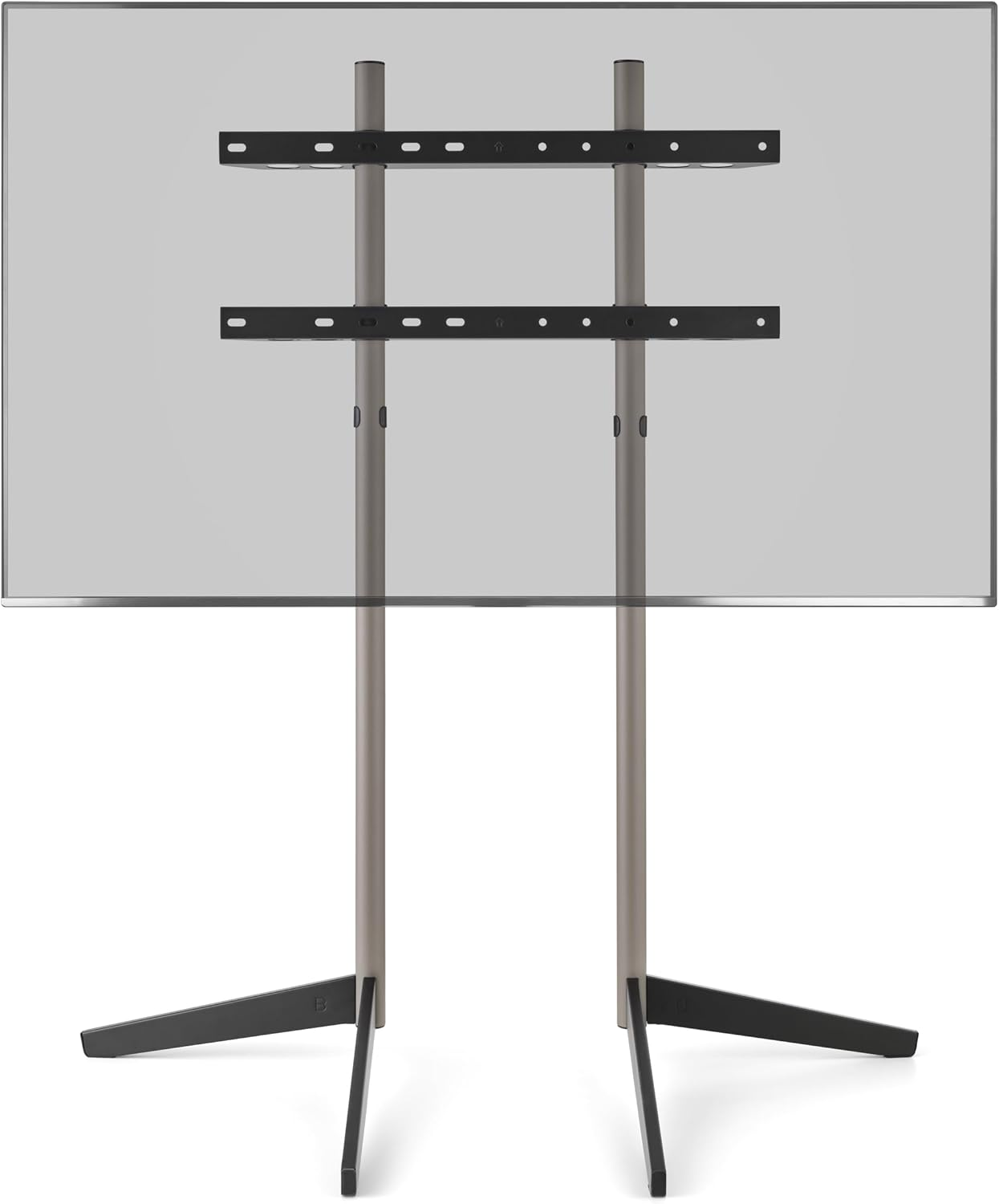 Soporte de TV moderno con tapa de cristal y dos patas de apoyo.