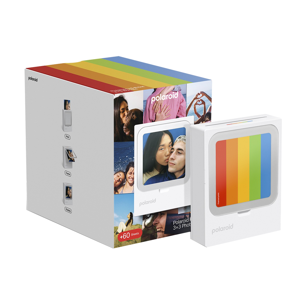 Caja Polaroid con rayas de arcoíris y dos impresoras. Una muestra una pareja, la otra colores de arcoíris.