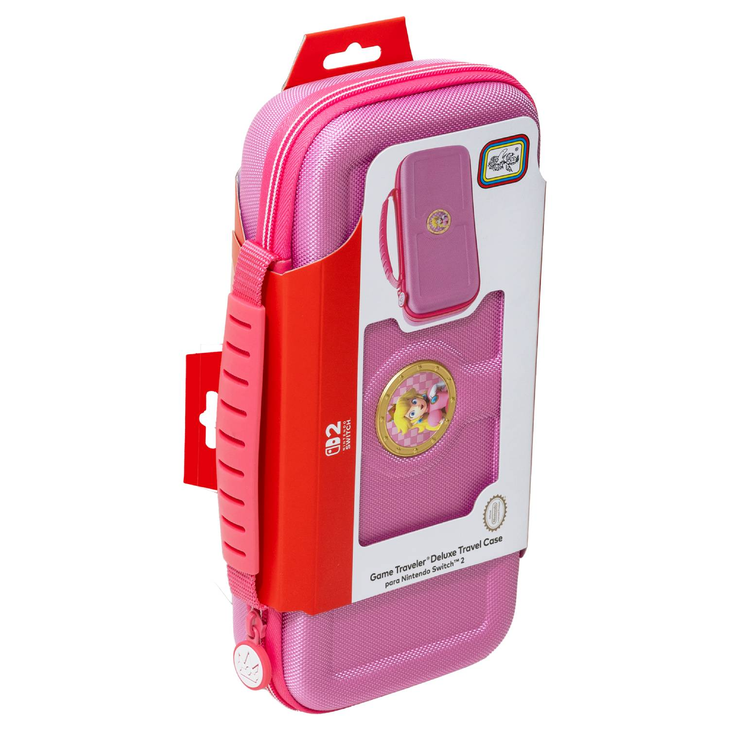 Una funda rosa de viaje Deluxe para Nintendo Switch con Peach, en embalaje rojo.