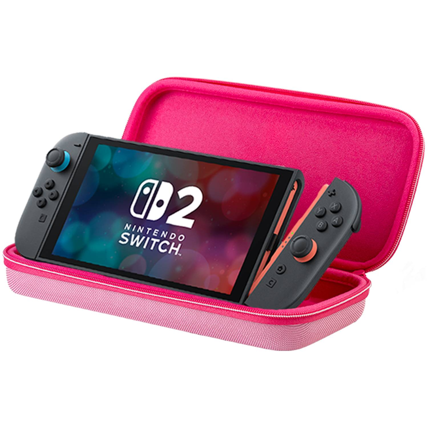 Nintendo Switch en un estuche protector rosa.