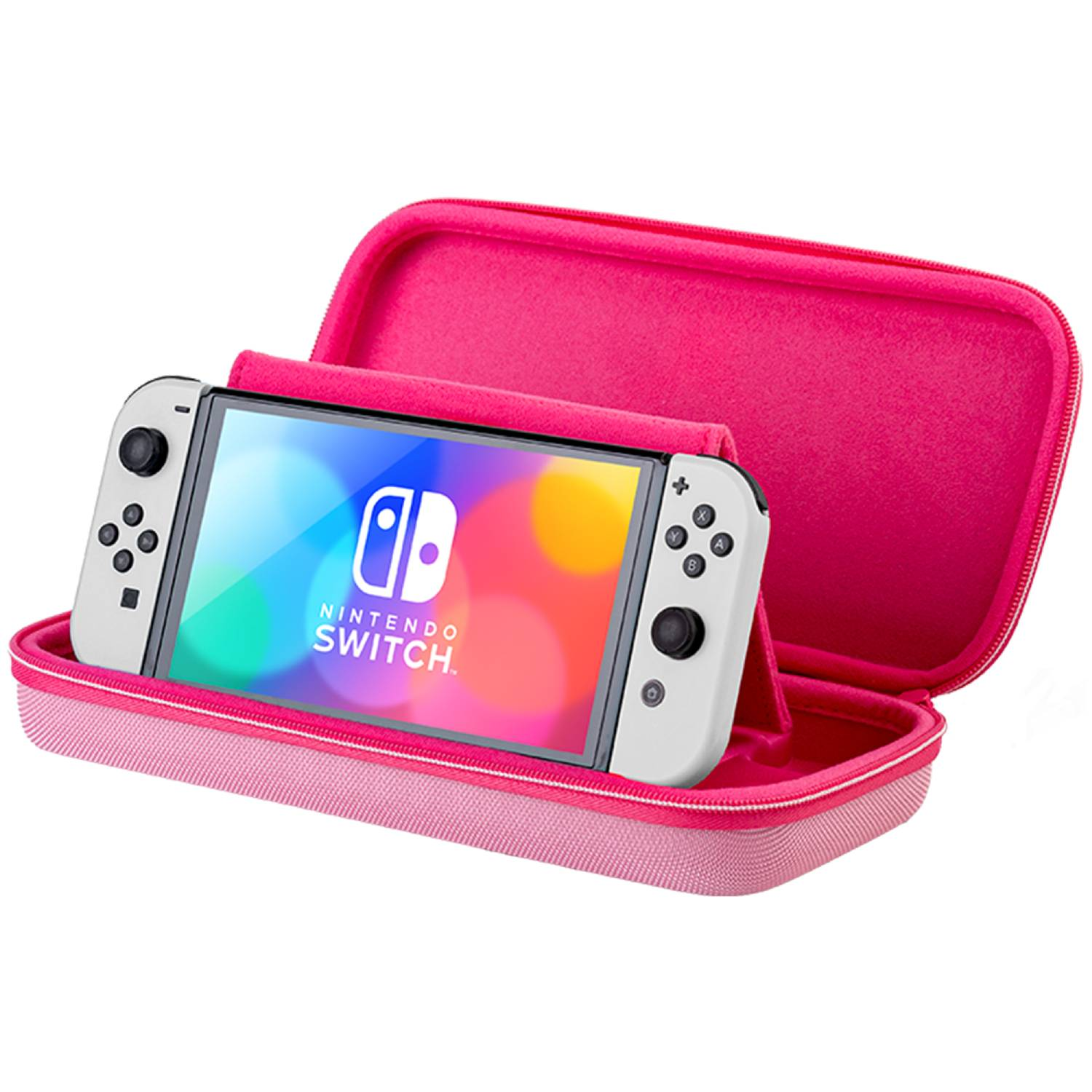 Una consola Nintendo Switch blanca dentro de un estuche rosa abierto.