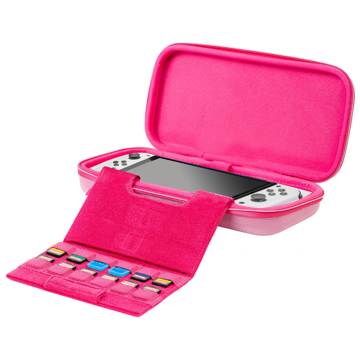 Funda rosa abierta con consola de juegos y varios cartuchos de juego dentro.