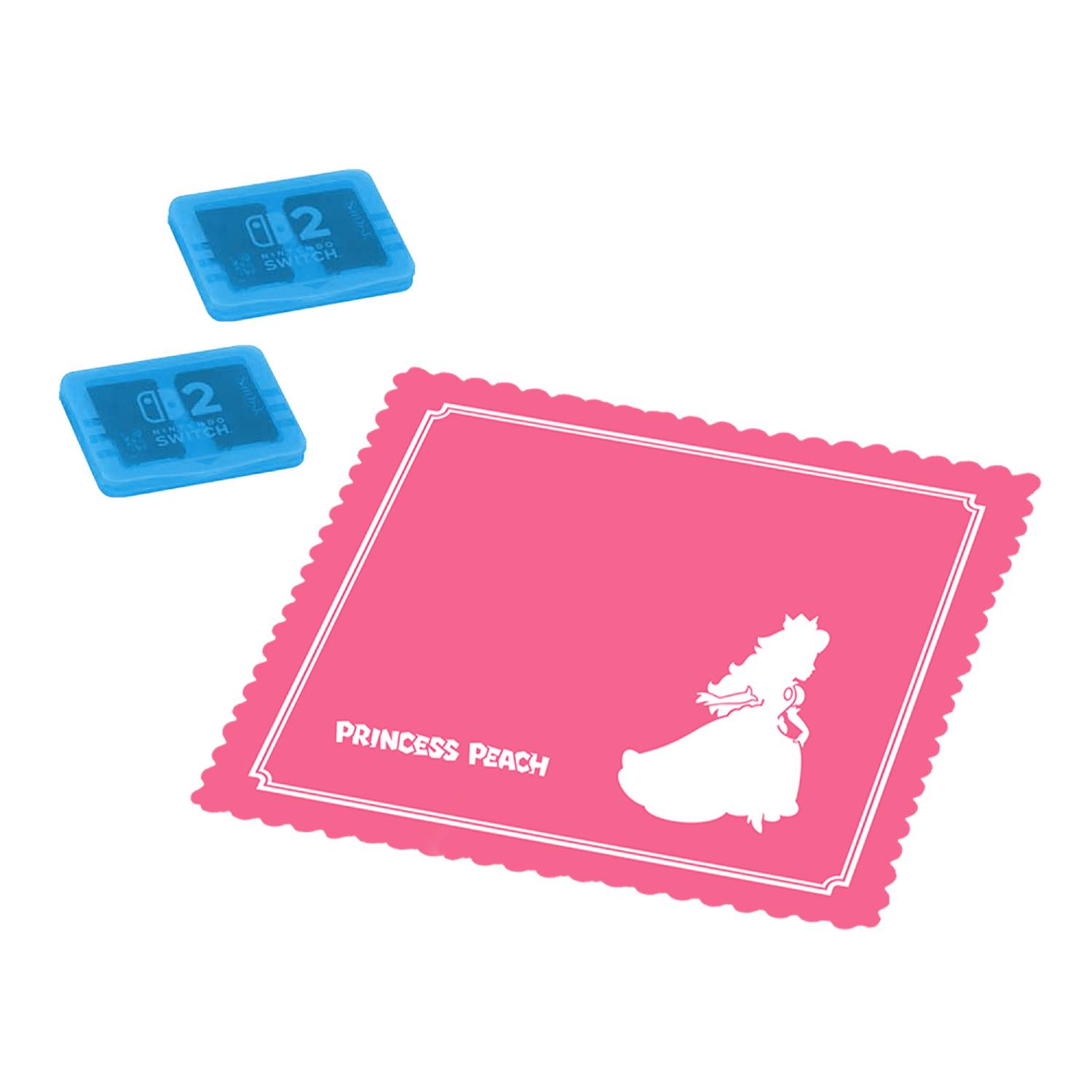 Dos estuches azules de Nintendo Switch y un paño rosa de Princesa Peach.