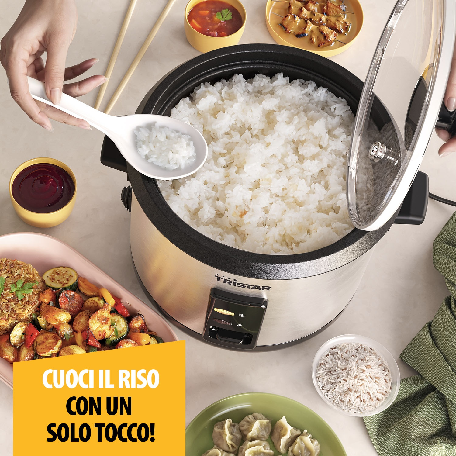 Un cuociriso con riso al vapore, accanto una ciotola di verdure e spiedini di carne.