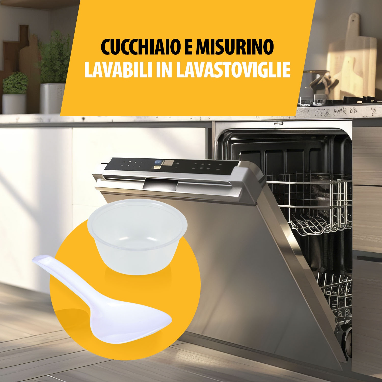 Un cucchiaio e una ciotola bianchi davanti a una lavastoviglie aperta.