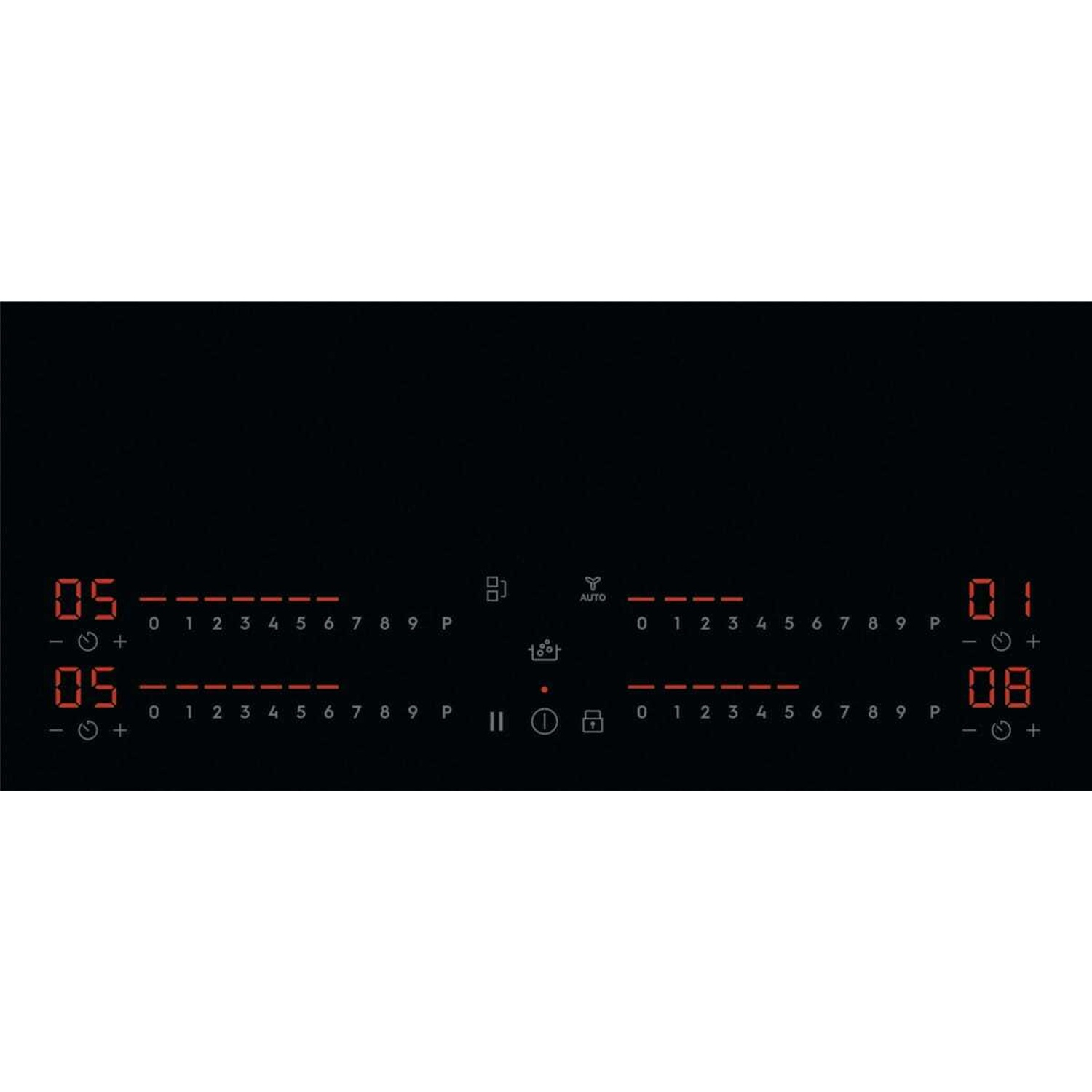 Un piano cottura nero con display digitali per quattro zone che mostrano 05, 05, 01 e 08.