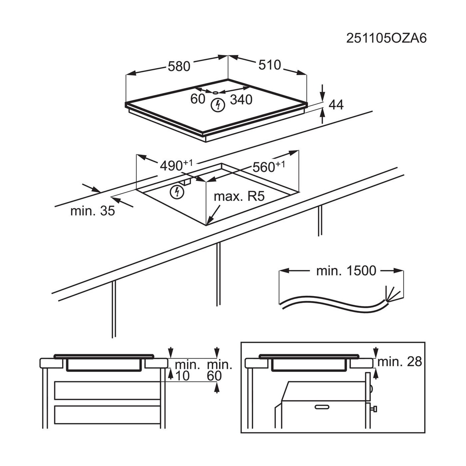 Diagramma che mostra le dimensioni per l'installazione di un piano cottura, in mm.