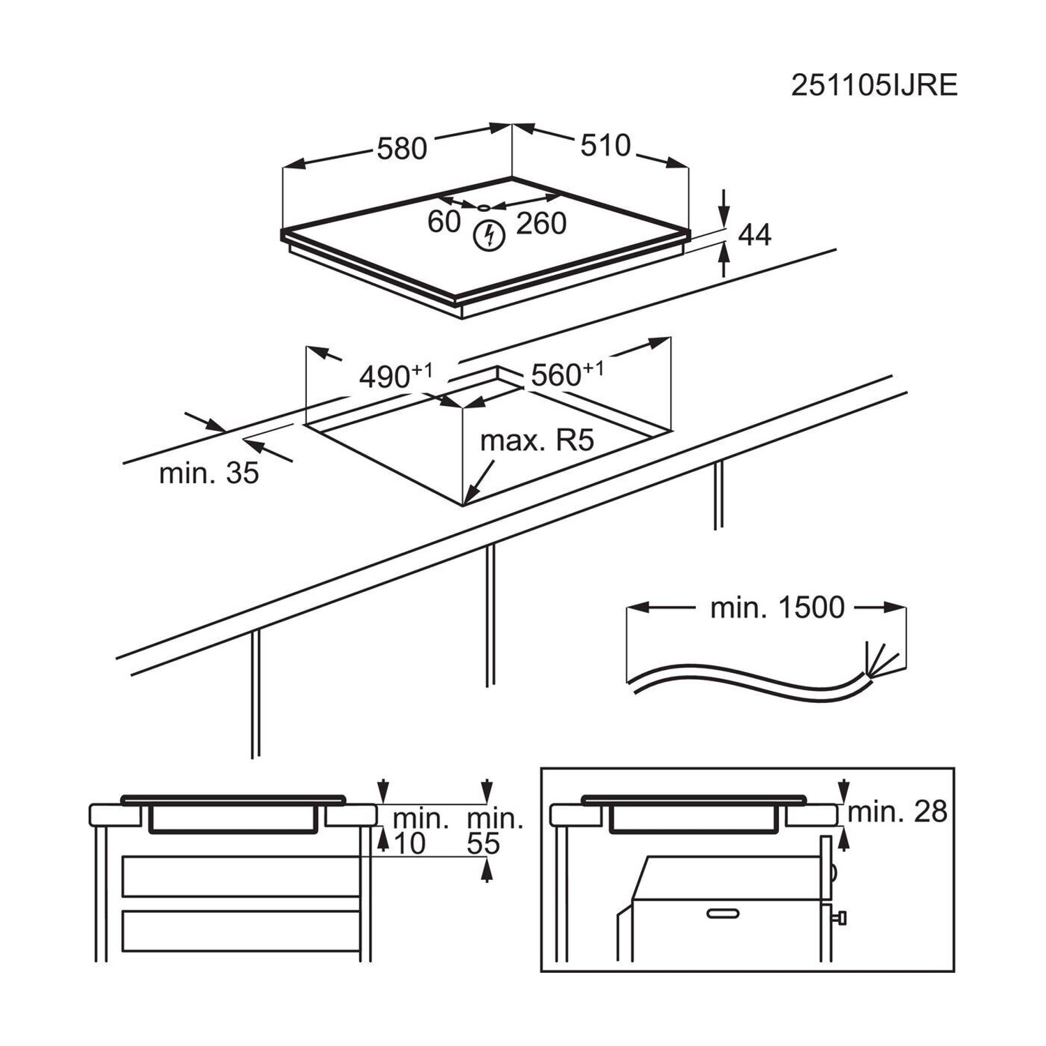 Disegno tecnico di una guida all'installazione del piano cottura con dimensioni.