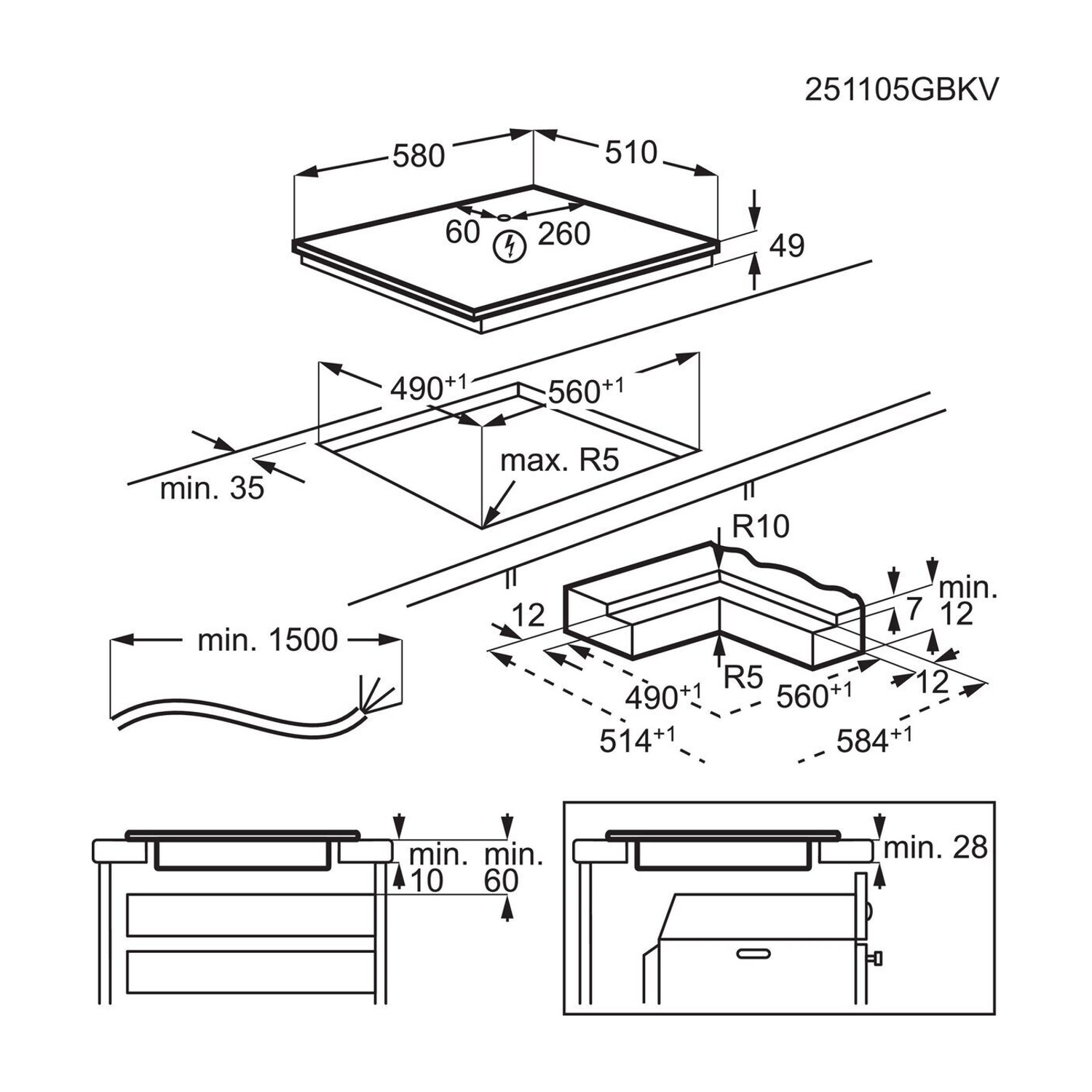 Disegno tecnico di un piano cottura da incasso con dimensioni e istruzioni.