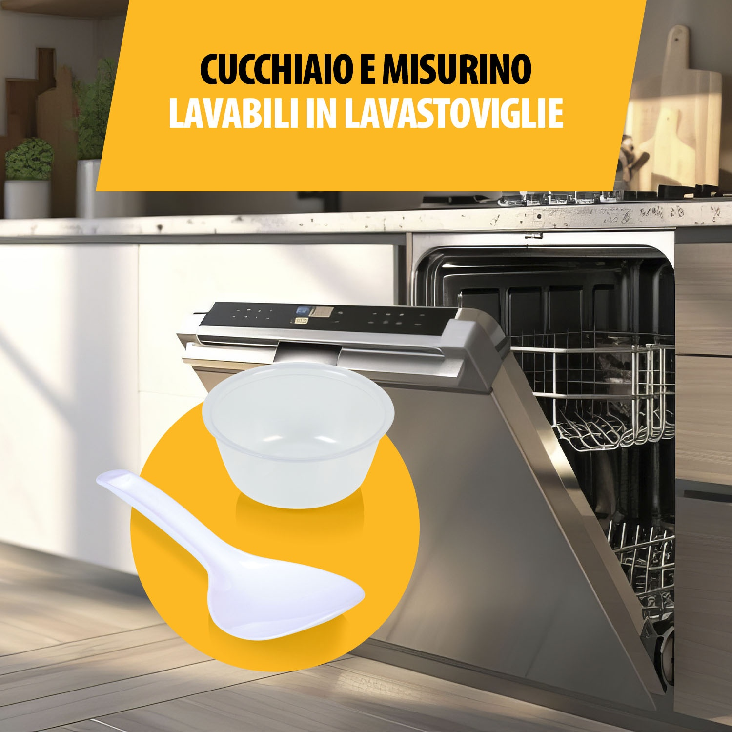 Un cucchiaio e una ciotola bianchi poggiano su un cerchio giallo davanti a una lavastoviglie aperta.