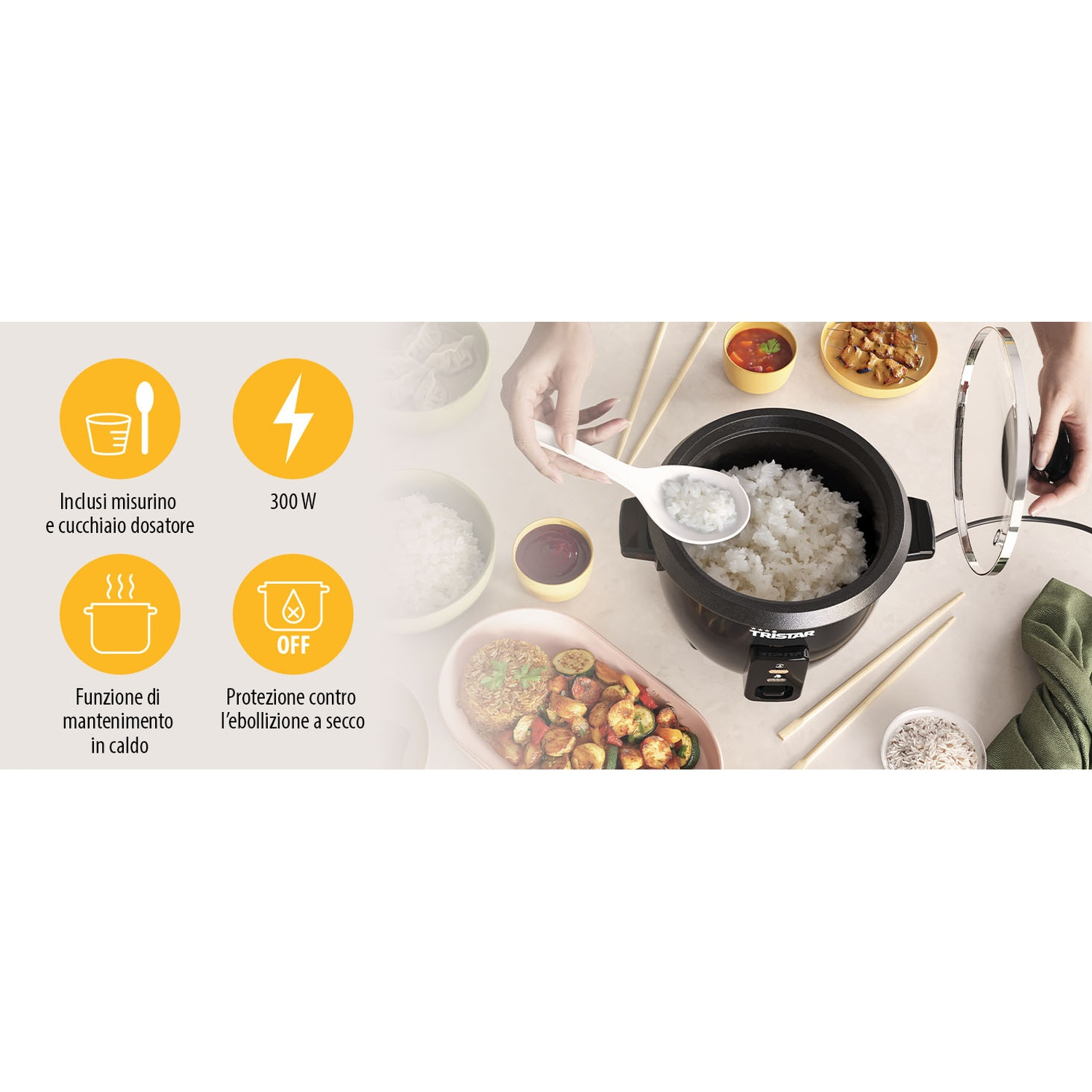 Pentola per riso con riso, utensili, verdure e salsa, con icone per misurino, 300W, mantenimento in caldo e protezione anti-bollitura a secco.