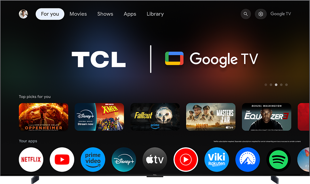 TCL Google TV kezdőképernyő filmekkel, alkalmazásokkal és menüsorral.