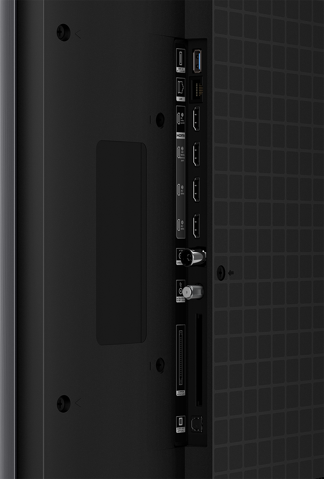 TV hátulja portokkal: USB, LAN, HDMI, antenna és optikai audio kimenet.