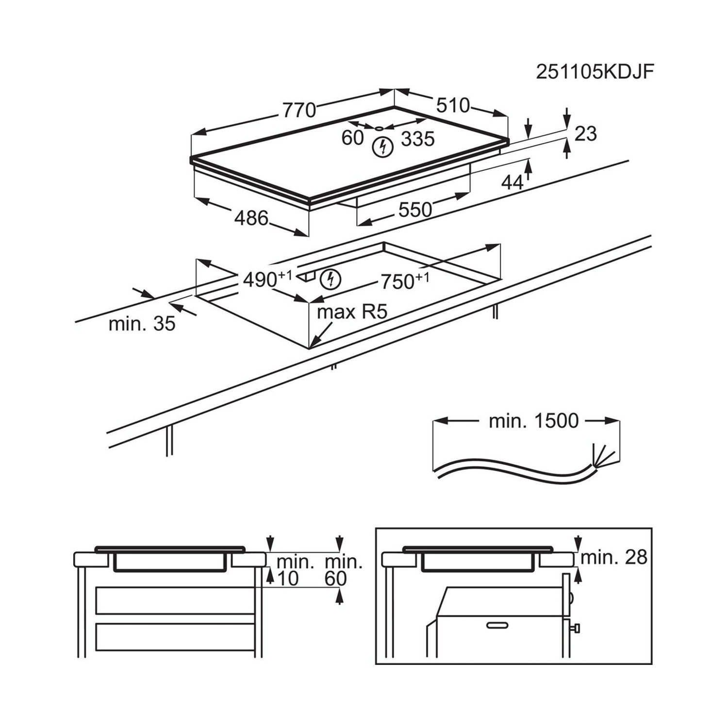 Disegno tecnico con dimensioni per elettrodomestici da incasso.