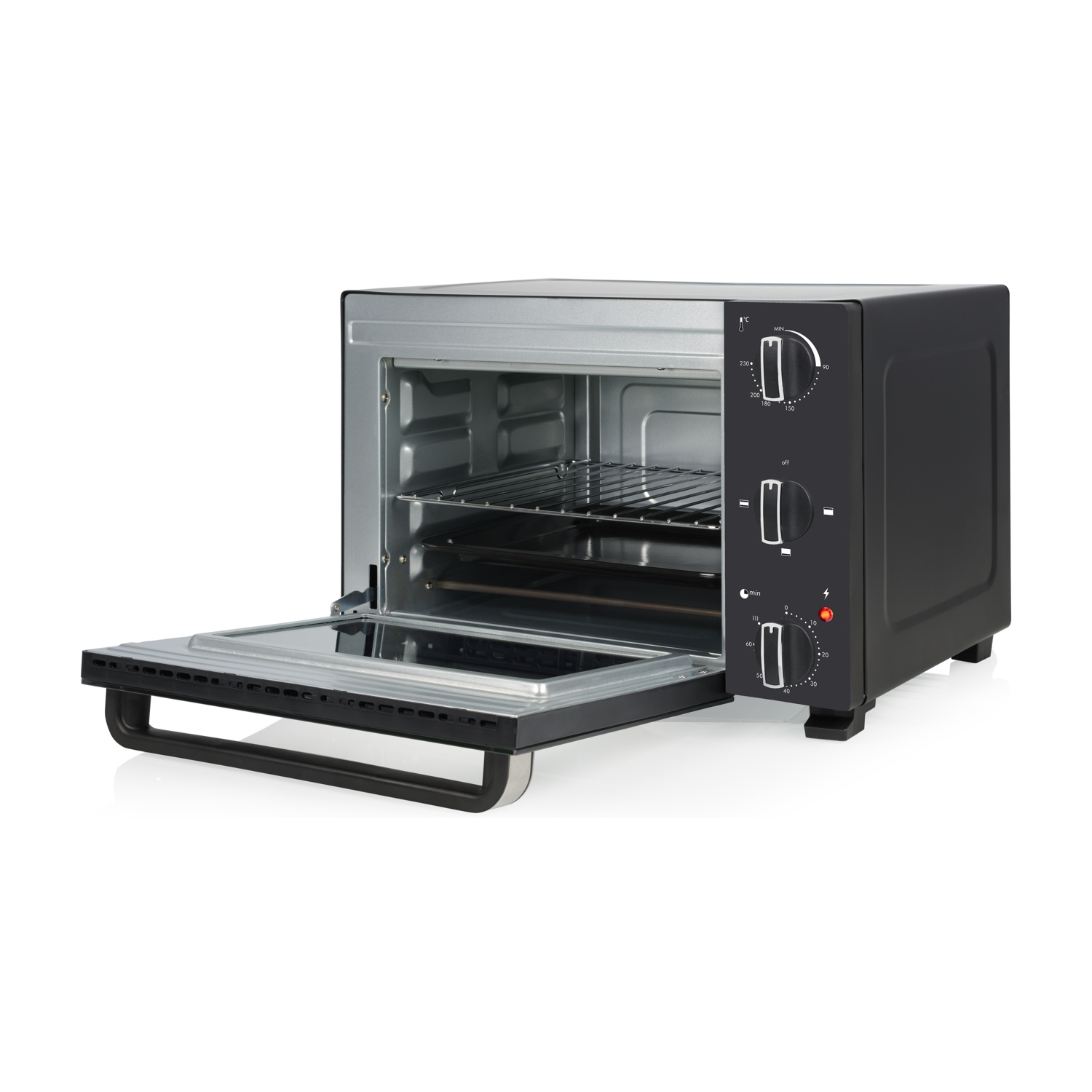 Un forno da banco nero con la porta aperta. Due manopole sono visibili sul lato destro.