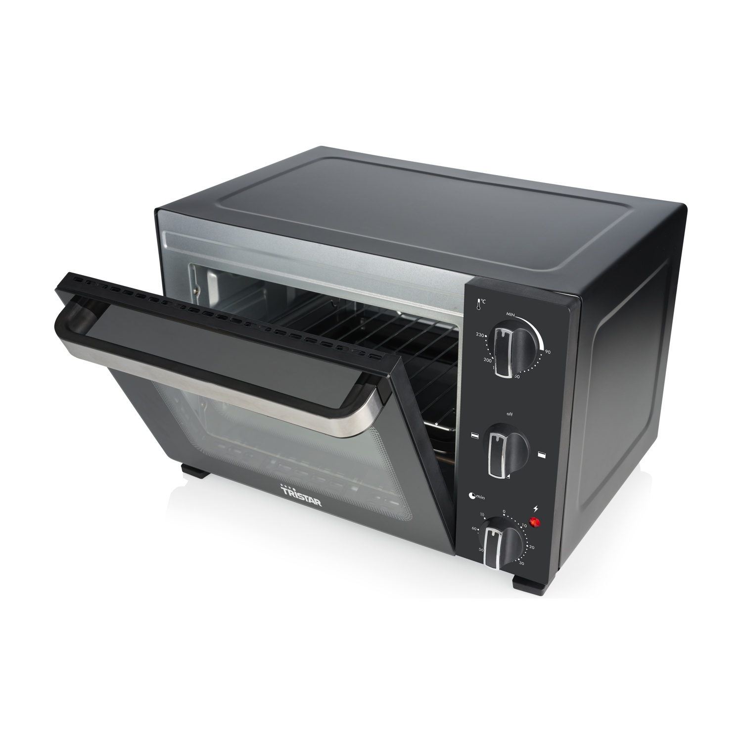 Forno nero da banco con porta aperta e griglia metallica, controlli a destra.
