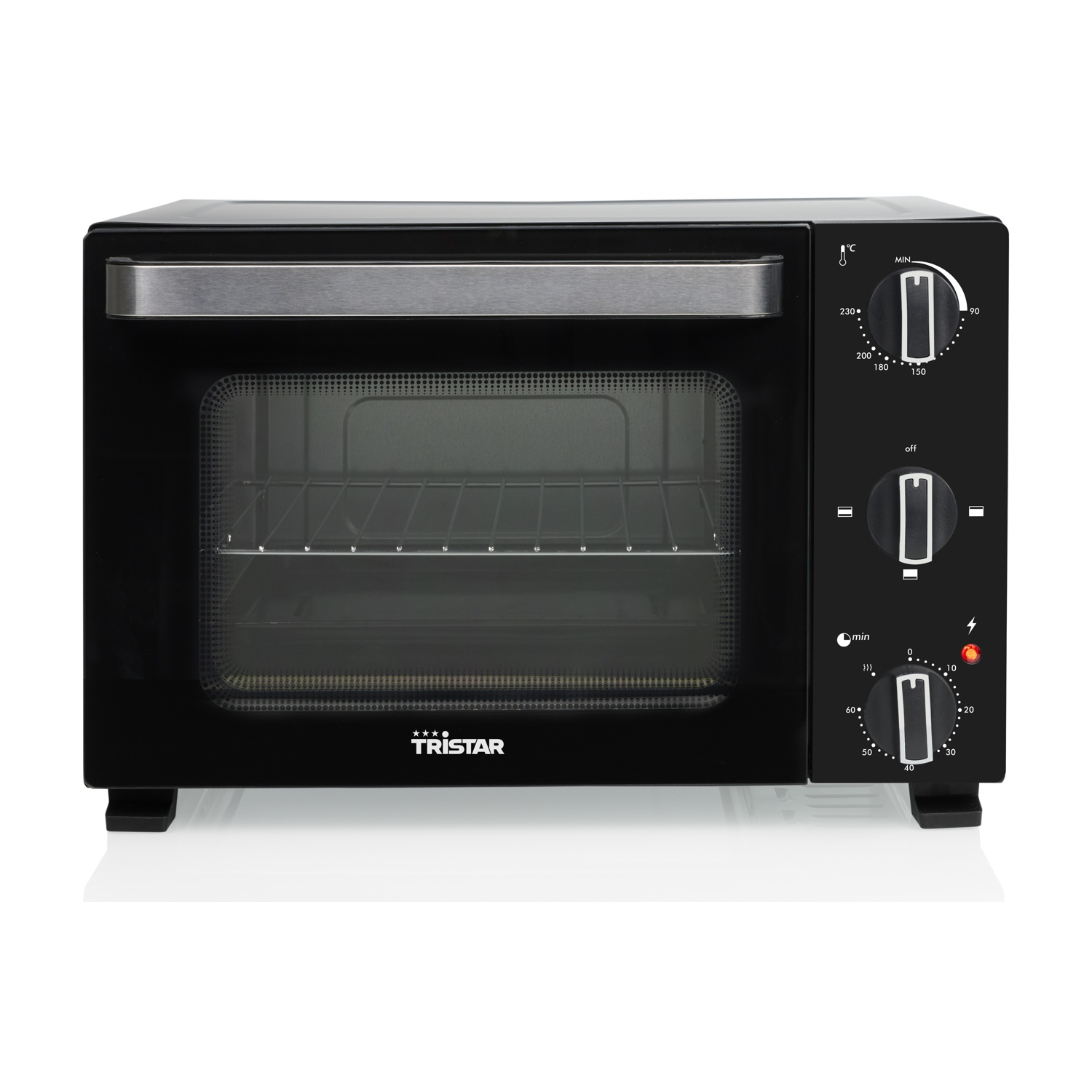 Forno Tristar nero con maniglia argentata e porta in vetro. Due manopole controllano temperatura e tempo.
