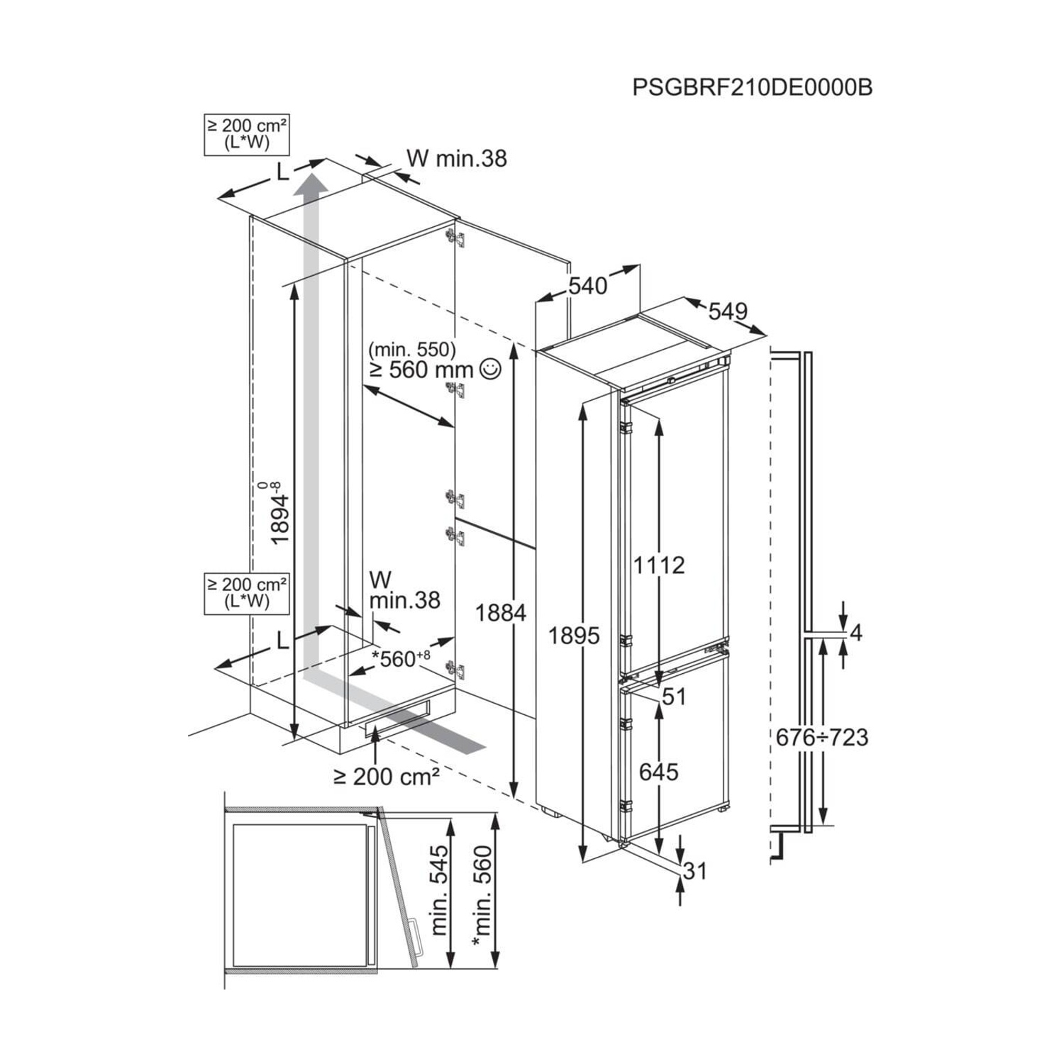 Disegno tecnico di un frigorifero con dimensioni e guida all'installazione.