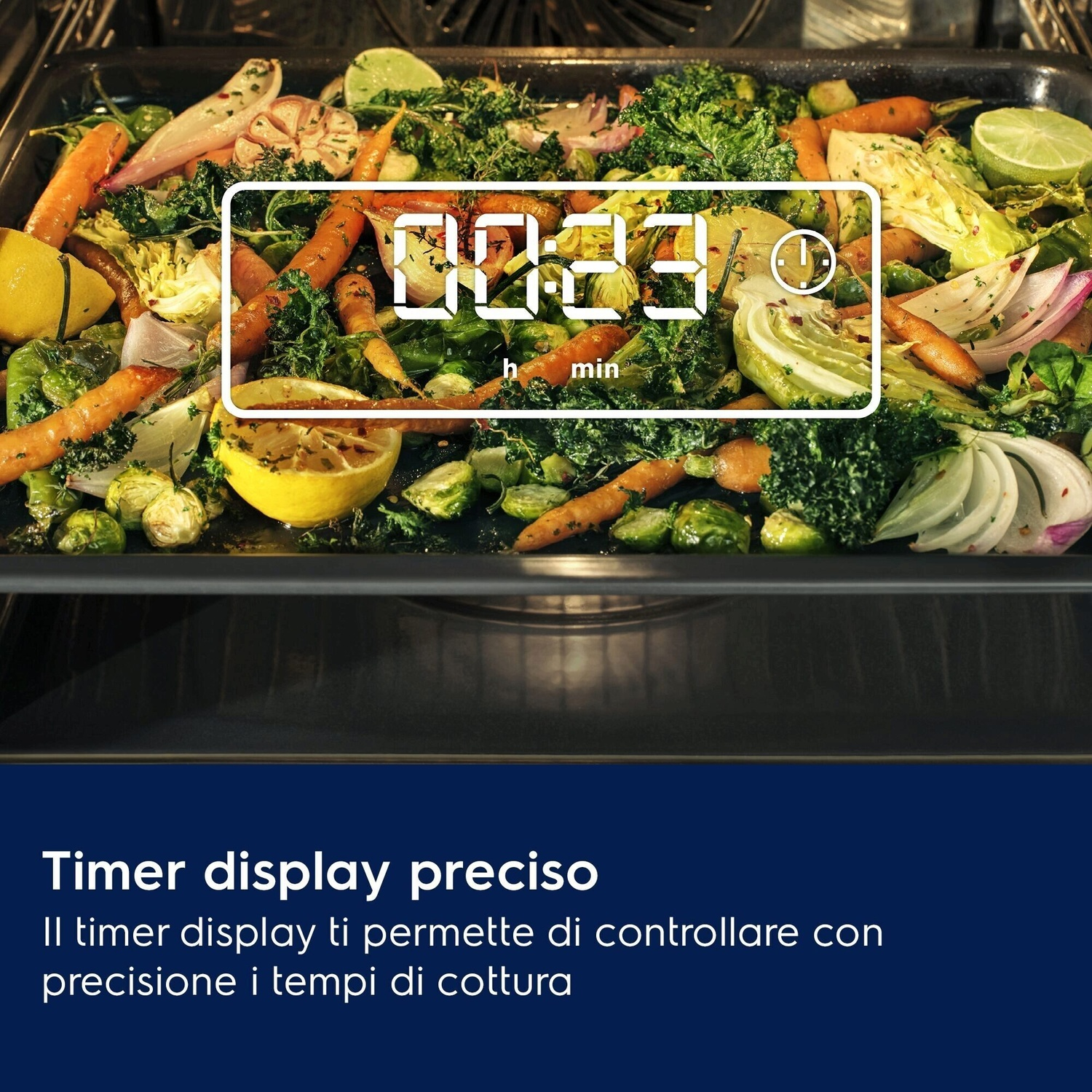 Forno con verdure e display timer. 00:23 h min.