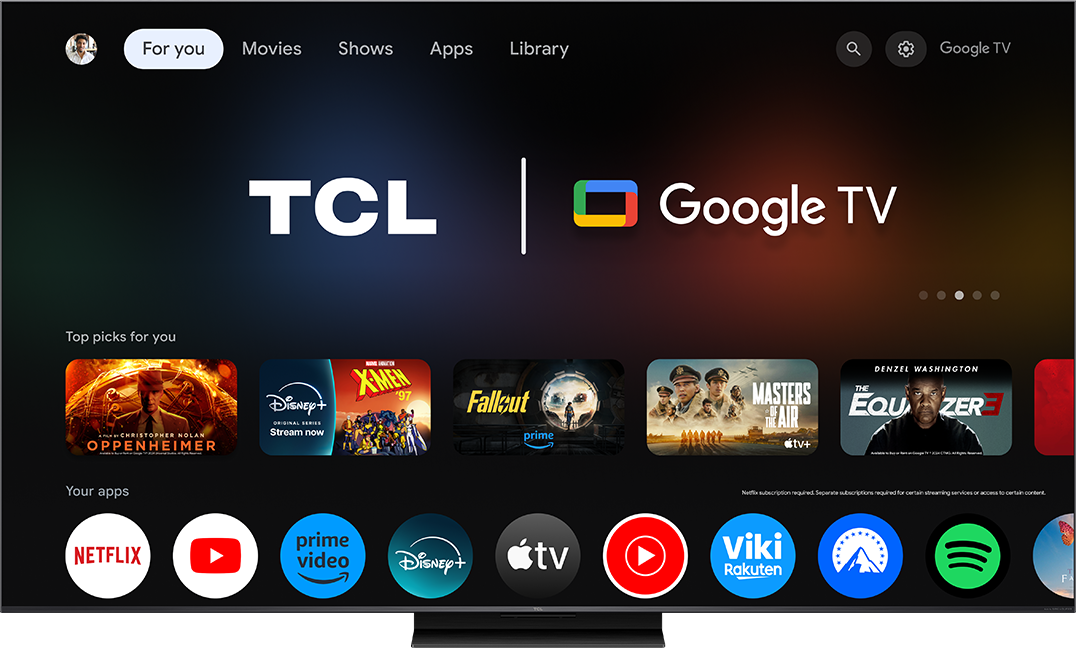 TCL Google TV kezdőképernyő film- és alkalmazásajánlókkal.