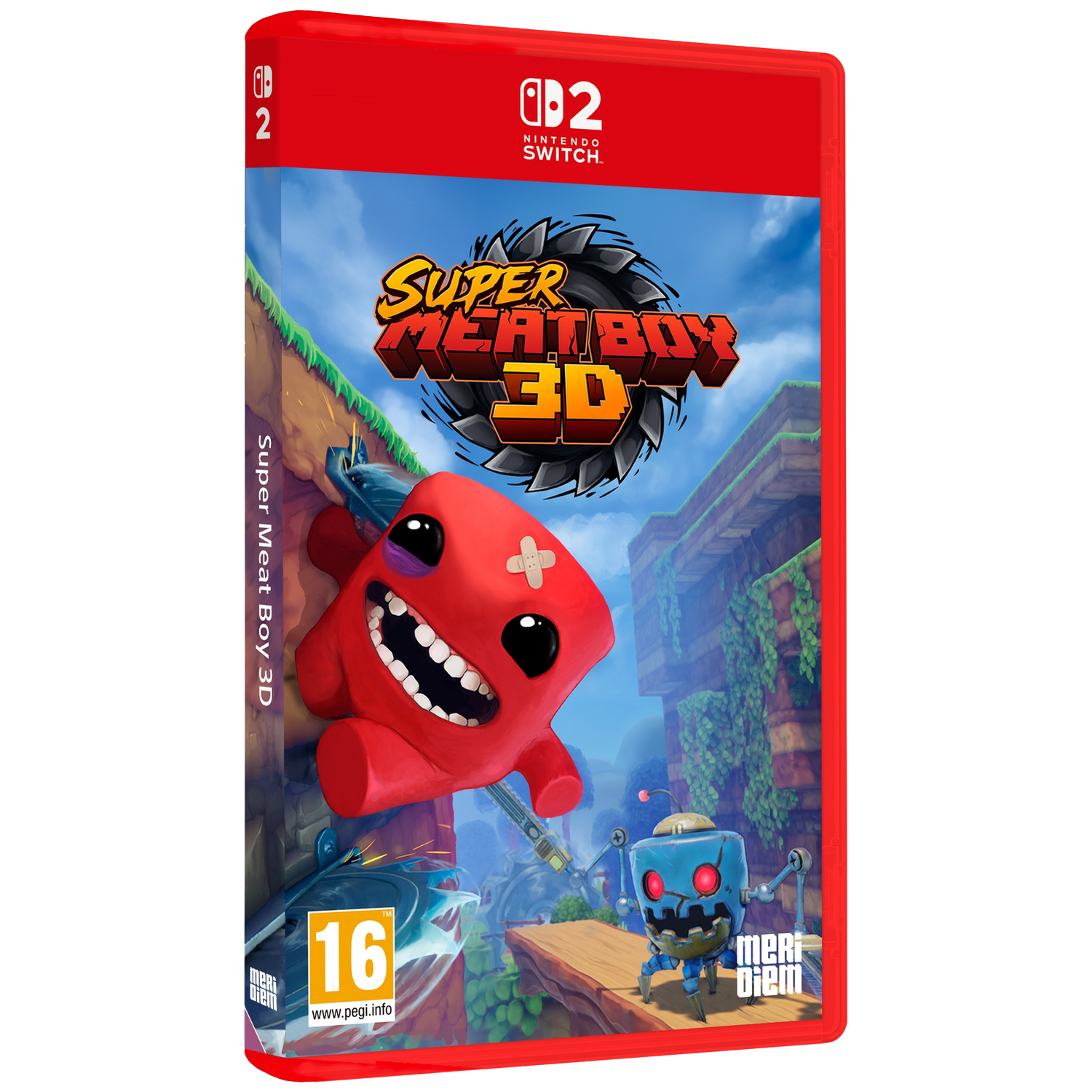 Boîtier du jeu Super Meat Boy 3D pour Nintendo Switch avec le personnage rouge et un robot.