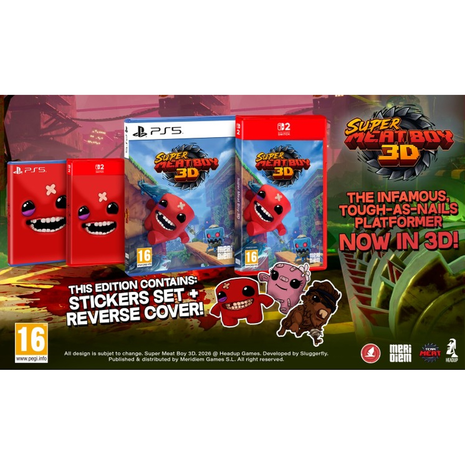 Boîtiers du jeu Super Meat Boy 3D pour PS5 et Switch, avec personnages. Comprend des autocollants et couverture réversible.