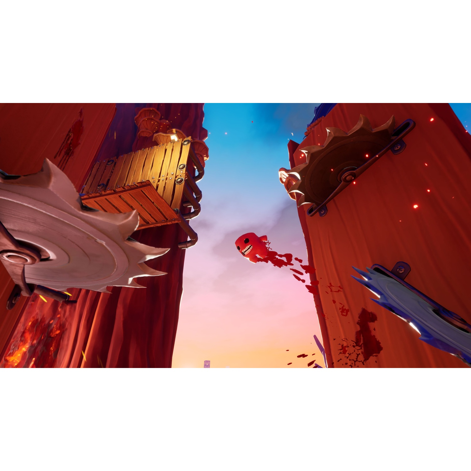 Personnage rouge saute dans un monde sanglant aux dents de scie.