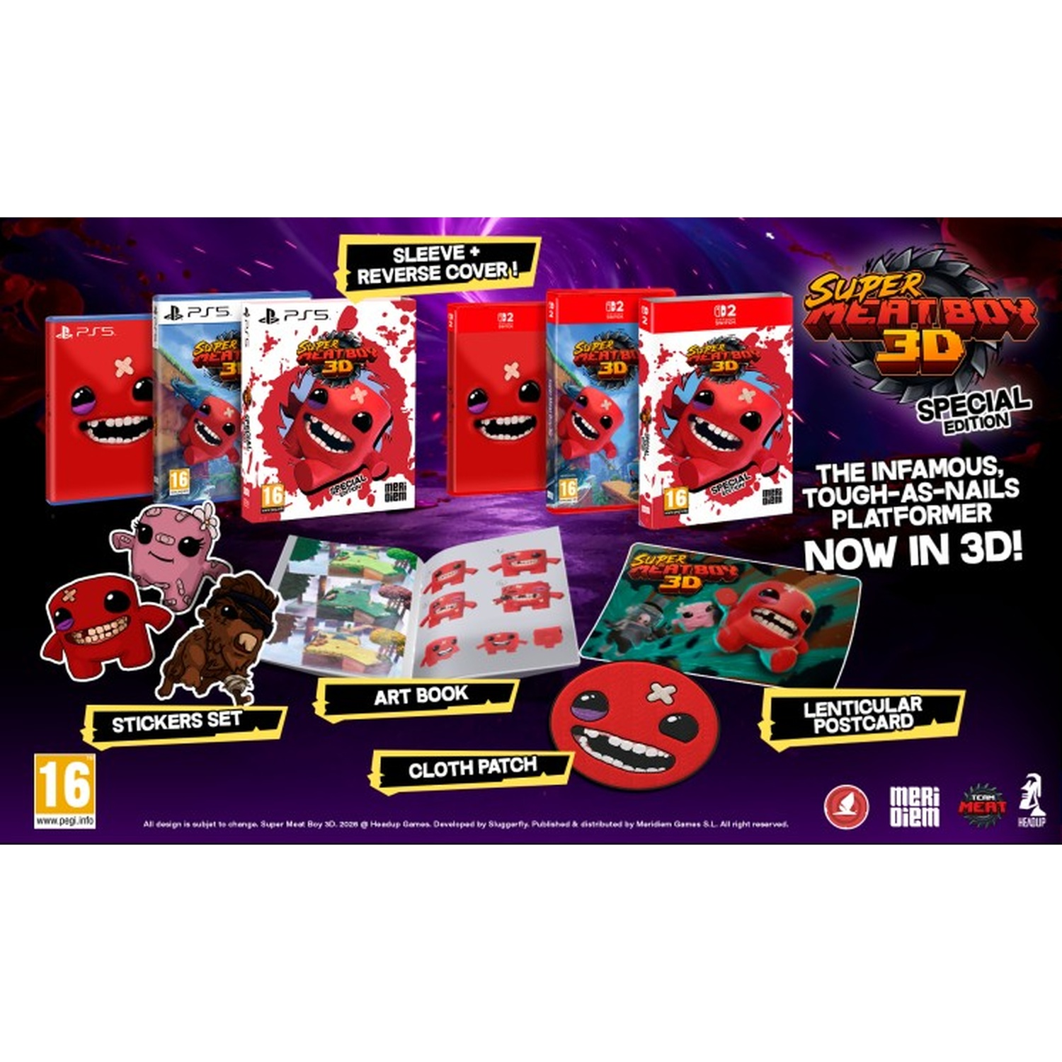 Édition spéciale Super Meat Boy 3D : emballage, livre d'art, autocollants, écusson, carte postale et boîtiers.