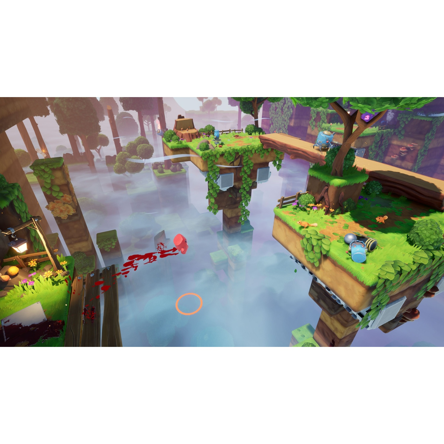 Monde de jeu coloré avec des plateformes flottantes, des arbres et du brouillard.